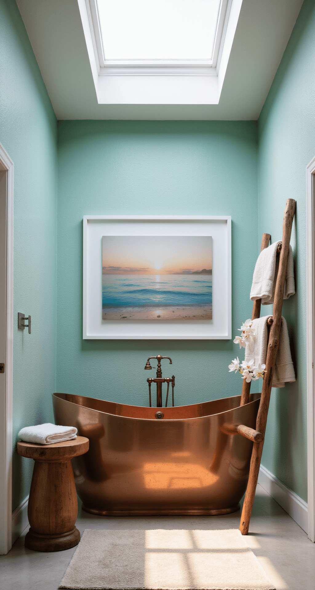 A wide-angle view of an airy 11x14ft bathroom featuring a dramatic freestanding copper soaking tub under a skylight, textured pale aqua grasscloth wallpaper, and oversized abstract beach photography in a floating white frame. A hand-carved teak stool sits beside the tub, and the room is styled with white orchids, a Turkish towel ladder, and a vintage glass float collection, showcasing colors of aqua, copper, cream, and driftwood grey.