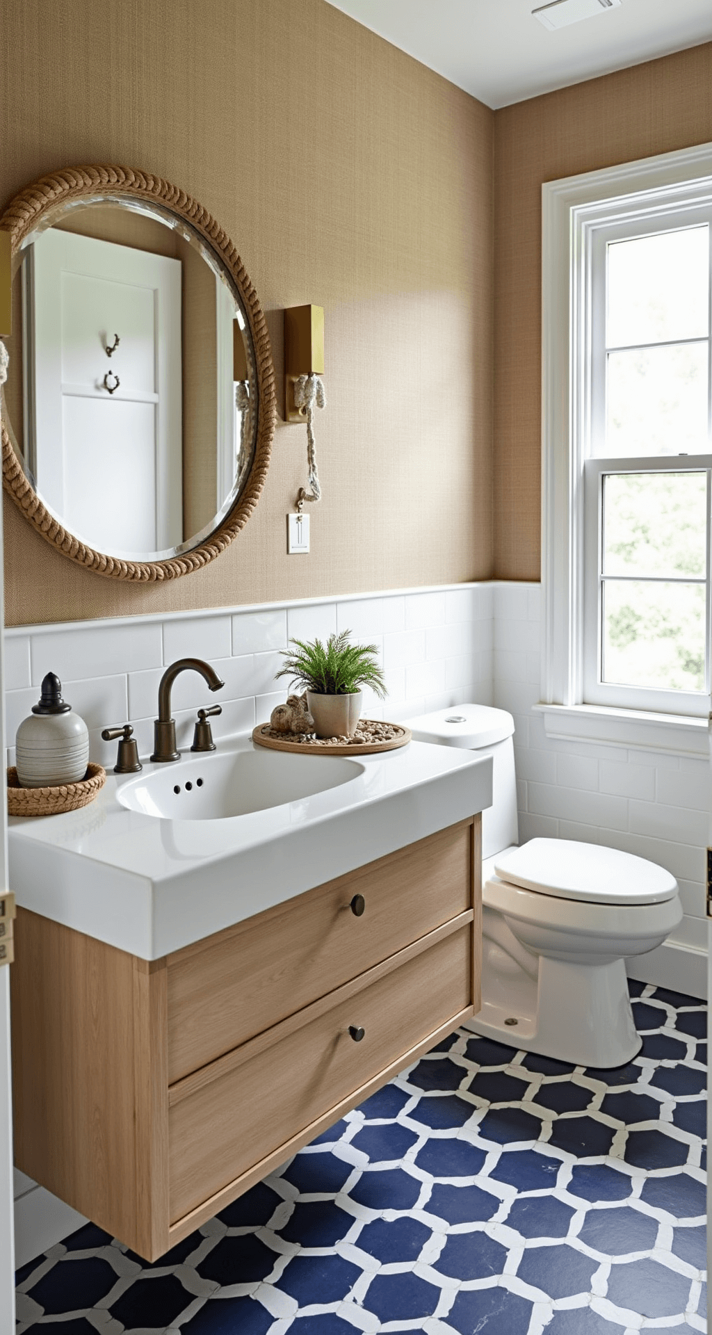 Compact coastal powder room features bold navy and white geometric floor tiles and a floating bleached oak vanity with a rope-wrapped mirror above. Textured sandy beige grasscloth wallpaper complements the bright morning light. A woven tray displays collected shells, alongside a potted succulent and hand-thrown ceramic vessels, with aged brass accents adding warmth.