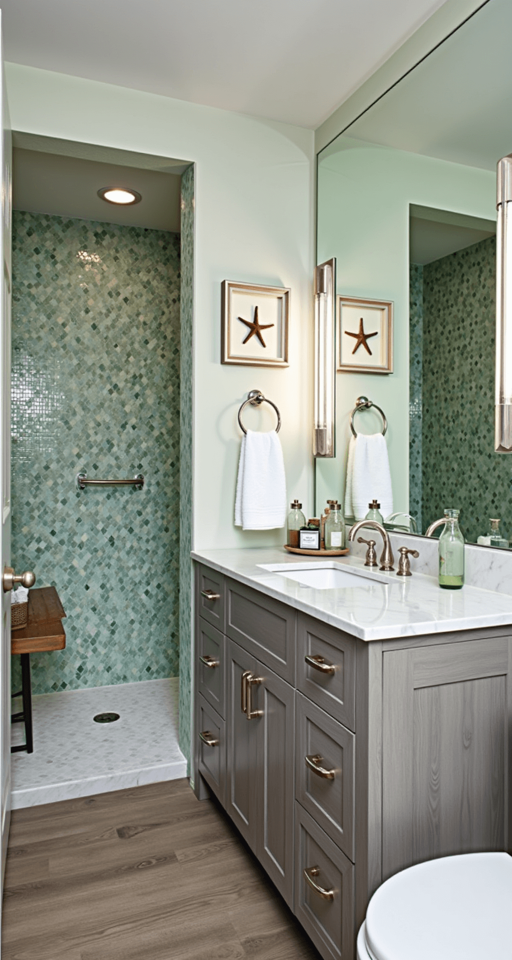 Sophisticated bathroom at dusk featuring a dramatic walk-in shower with a sea glass mosaic wall, a custom teak shower bench, and a grey-washed oak vanity with Carrara marble. The oversized mirror reflects the shower, styled with white towels and glass apothecary bottles.