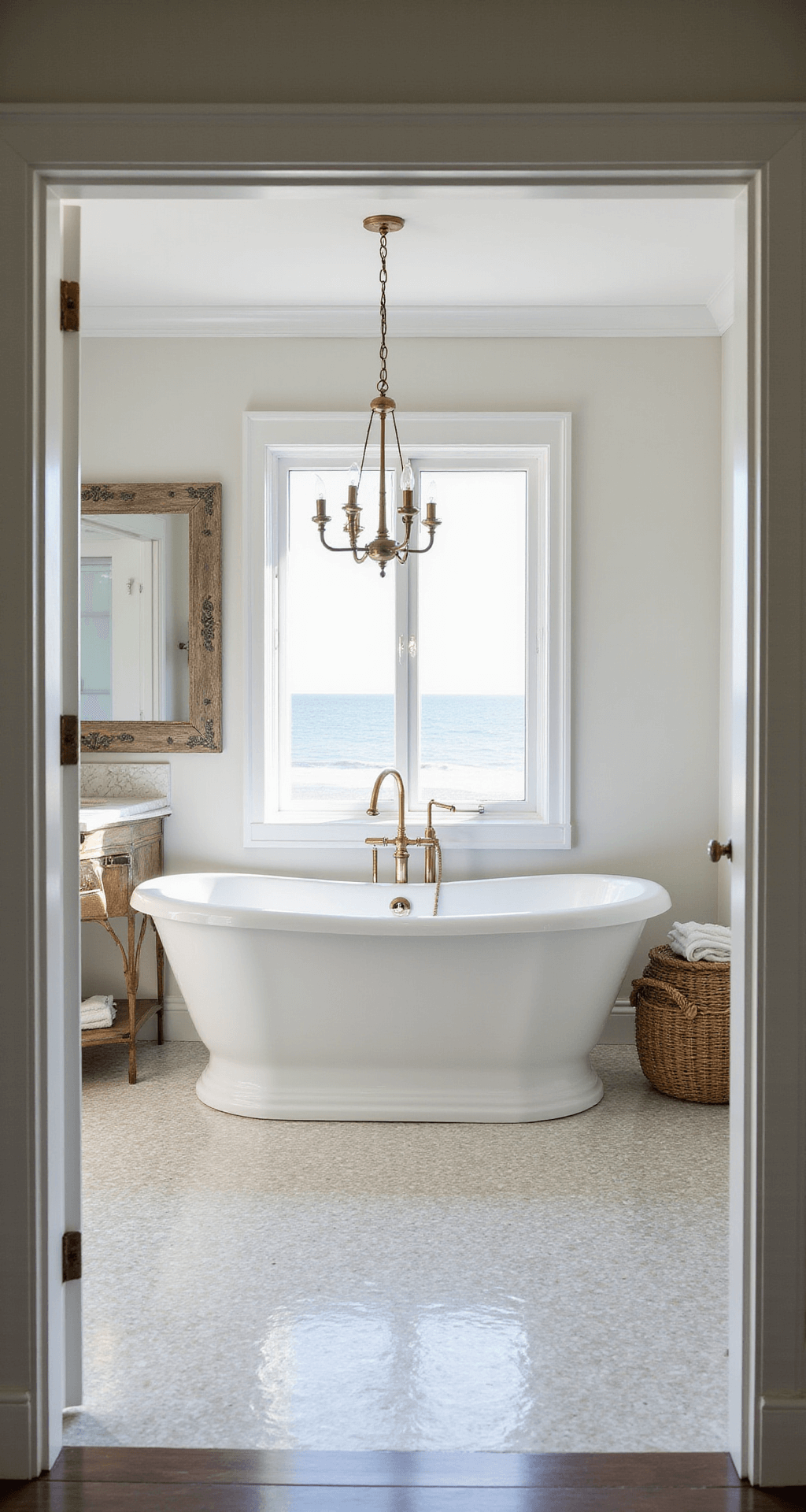 Sunlit master bathroom showcasing a freestanding white oval soaking tub beneath a large window, with Carrara marble floors and inlaid mother-of-pearl tiles. A weathered brass chandelier hangs overhead, complemented by coastal accents like a driftwood-framed mirror and seagrass baskets, all bathed in gentle late morning light for a serene and sophisticated atmosphere.