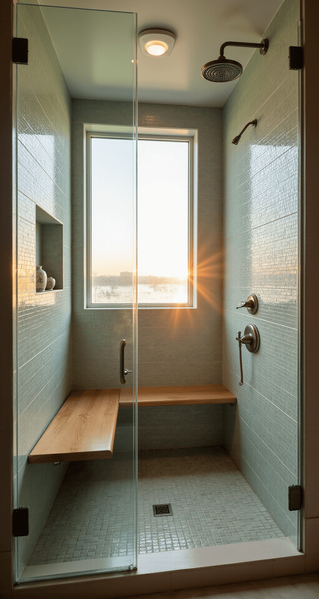 Intimate shower sanctuary featuring frameless glass panels, sunset light illuminating iridescent aqua and pearl mosaic tiles, a brushed nickel rainfall showerhead, a teak bench, and handmade ceramic vessels, with a serene, spa-like atmosphere.