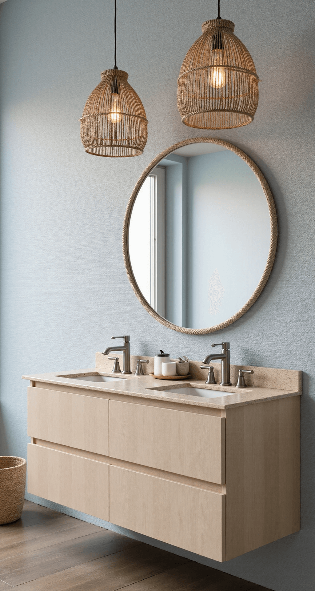 Modern vanity area with a floating double sink in bleached oak, oversized circular mirror with rope detail, sandy beige quartz countertop, pale blue-gray grasscloth wallpaper, and woven pendant lights, captured at a 45-degree angle with side lighting.