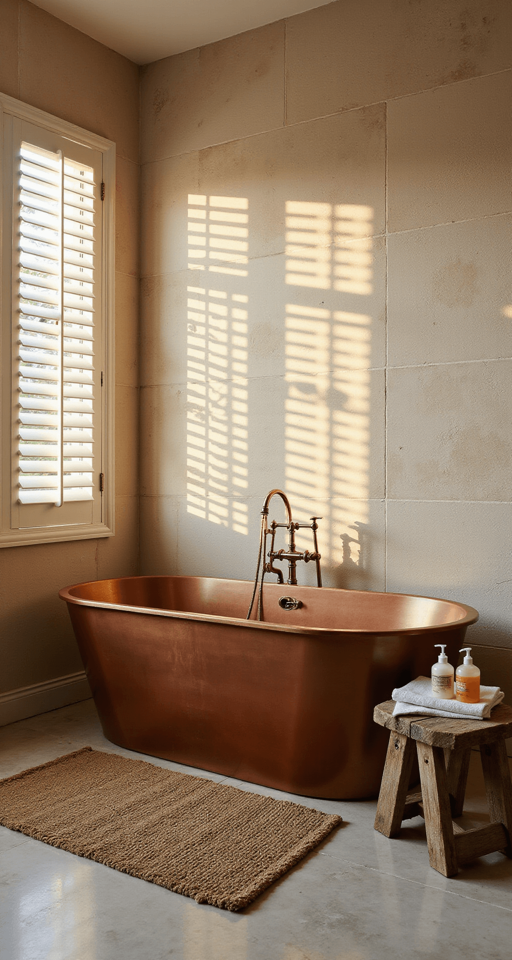 A luxurious corner bathroom featuring a freestanding copper soaking tub against textured warm ivory limestone walls, dramatic shadows from plantation shutters, a sisal rug on heated marble floors, and a distressed wooden stool with artisanal bath products, all bathed in golden hour lighting.