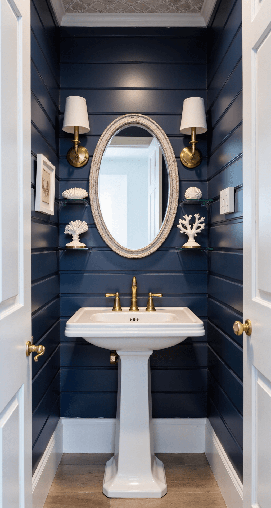 Compact powder room featuring high-gloss navy shiplap walls juxtaposed with a white pedestal sink, surrounded by brass sconces and an oval mirror with a weathered finish. Floating glass shelves display white coral specimens, while shell-motif wallpaper adorns the upper wall above a chair rail. The shot emphasizes vertical elements with dramatic side lighting, creating a sophisticated nautical ambiance.