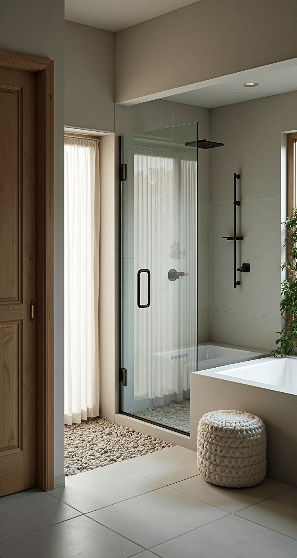 A serene master bathroom featuring a walk-in shower with a glass partition, morning light streaming through linen curtains, a pebble shower floor transitioning to driftwood gray tiles, and a living wall of air plants, captured from the doorway in diffused natural lighting.