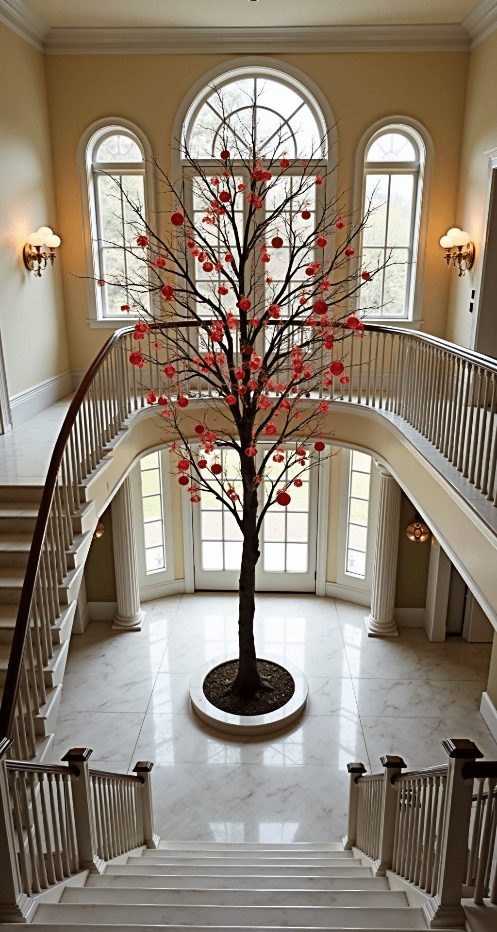 A grand two-story foyer featuring a curved staircase and a towering decorated Christmas tree, highlighted by mid-morning light streaming through Palladian windows. The tree is adorned with oversized red and gold medallion ornaments, crystal drops, and metallic mesh ribbon, creating a luxurious hotel aesthetic. Marble floors, gilt mirrors, and crystal sconces enhance the elegant atmosphere, while white-painted millwork provides a clean backdrop. The image is captured from the second floor landing, showcasing the festive decor and natural light complemented by continuous lighting.