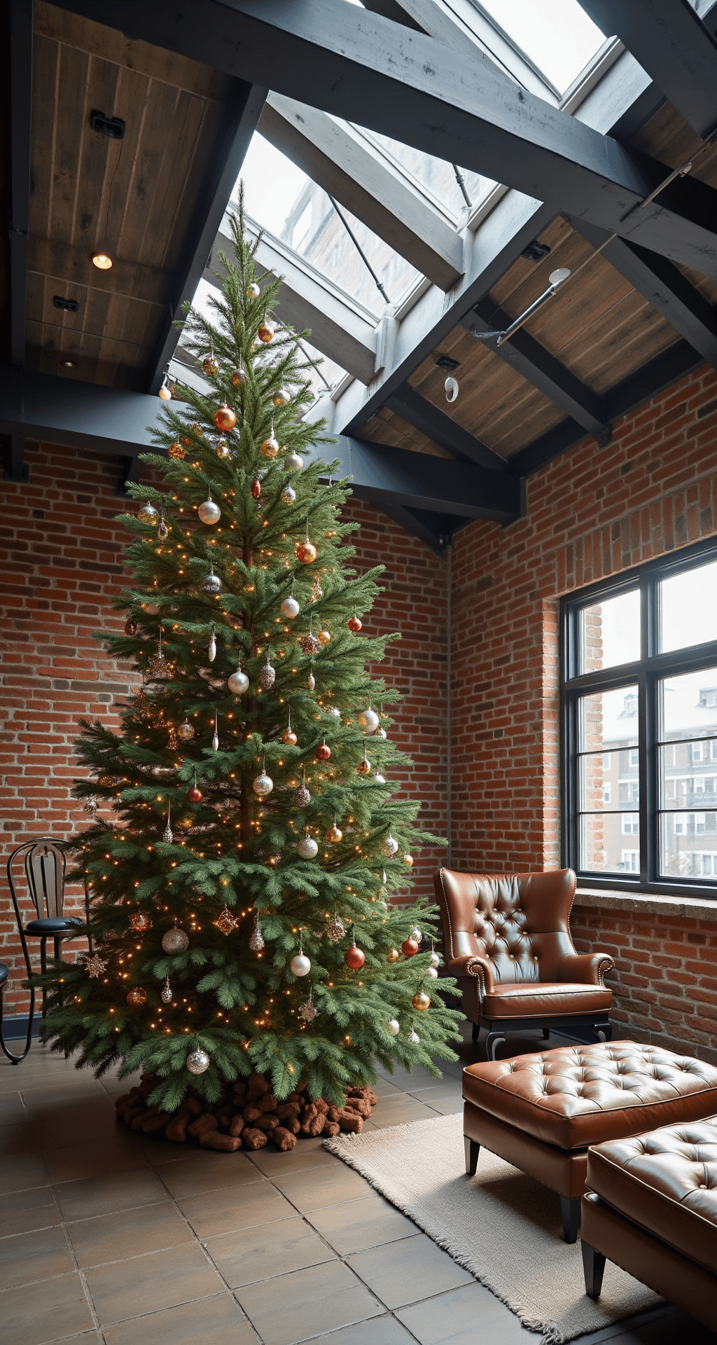 A rustic-industrial loft space featuring a natural spruce tree decorated with vintage mercury glass ornaments and industrial metal accents, surrounded by exposed brick walls and metal beams, with leather and iron furniture, illuminated by natural light from clerestory windows, and viewed from a mezzanine level.