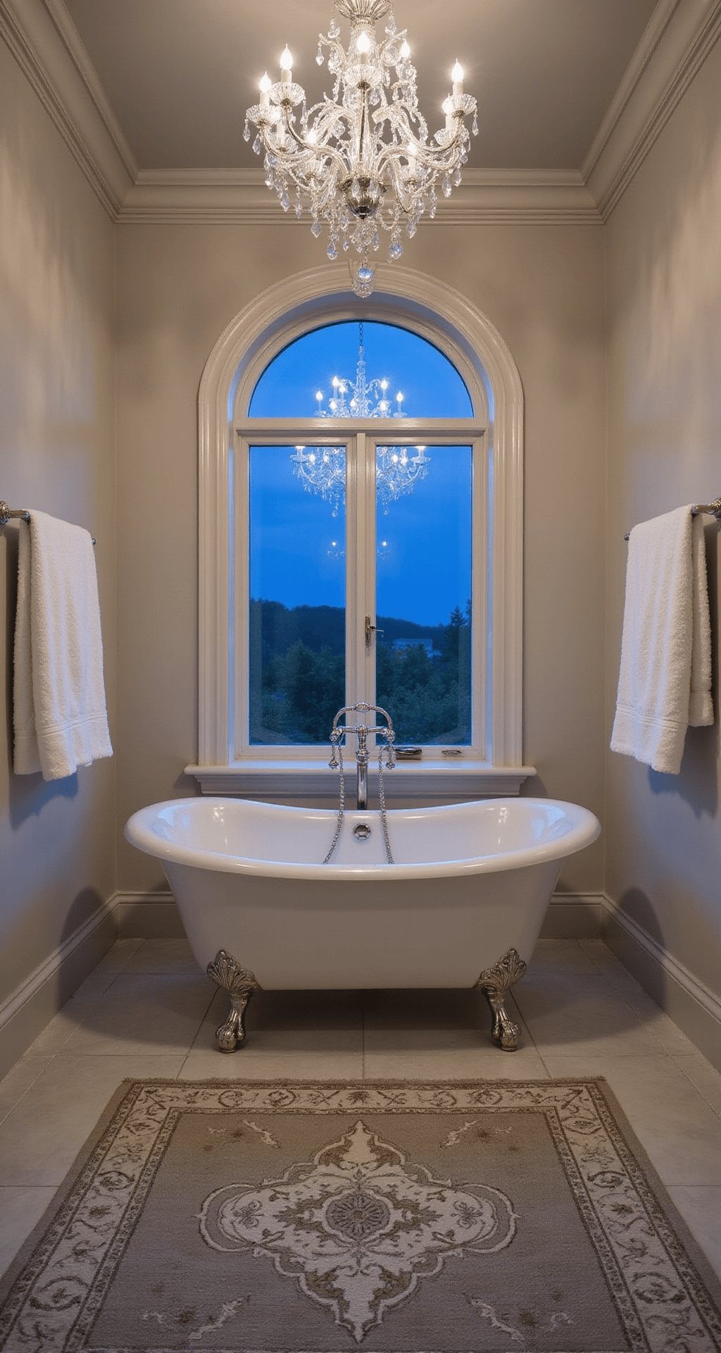 Elegant bathroom featuring a clawfoot tub under an arched window, with twilight blue hour ambiance, Venetian plaster walls in pearl white, a crystal chandelier, vintage silver accessories, plush white towels, and a muted coastal-toned Turkish rug, captured from a low angle.