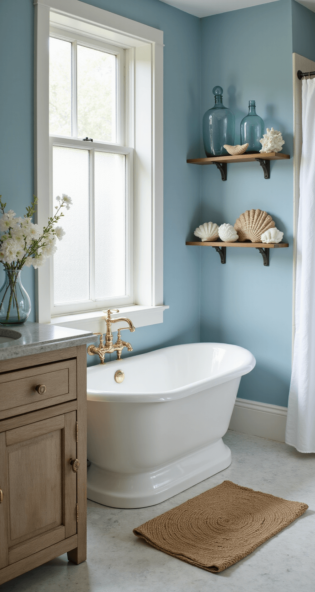 A serene coastal bathroom featuring a freestanding oval tub, Behr Watery blue walls, a weathered oak vanity, and seashell decorations, illuminated by morning light through a frosted window.