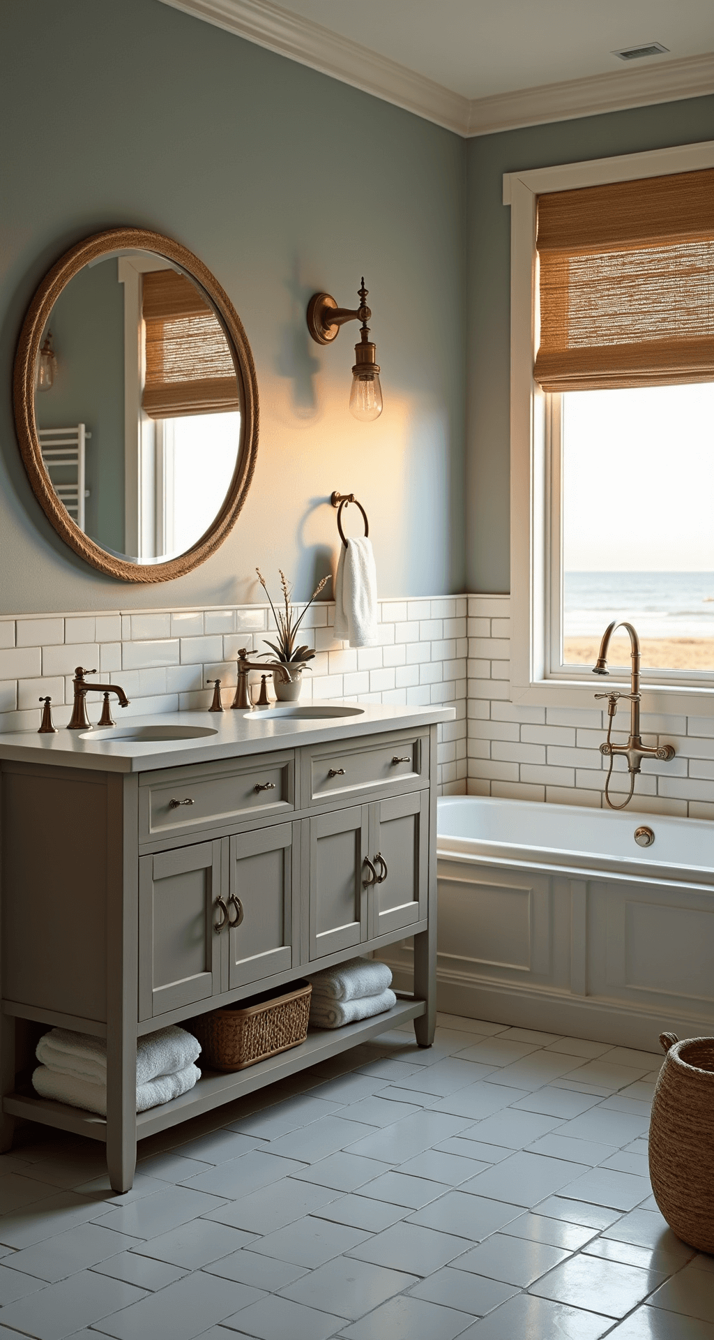 Corner view of a modern coastal bathroom at golden hour, featuring Sherwin-Williams Sea Salt walls, white subway tiles, a driftwood gray double vanity, oversized round mirror with rope detail, textured glass shower doors, and woven seagrass baskets, all illuminated by warm sunset light and dramatic shadows.