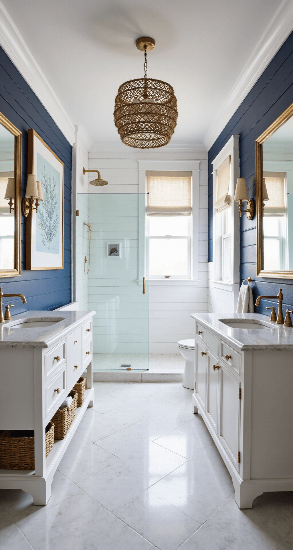 Luxurious master bathroom featuring a navy shiplap accent wall, white double vanity with quartz countertop and brass fixtures, marble herringbone floor tiles, a spacious glass shower, vintage brass chandelier, coastal artwork, white linen roman shades, and woven storage baskets, creating a bright and airy coastal atmosphere.