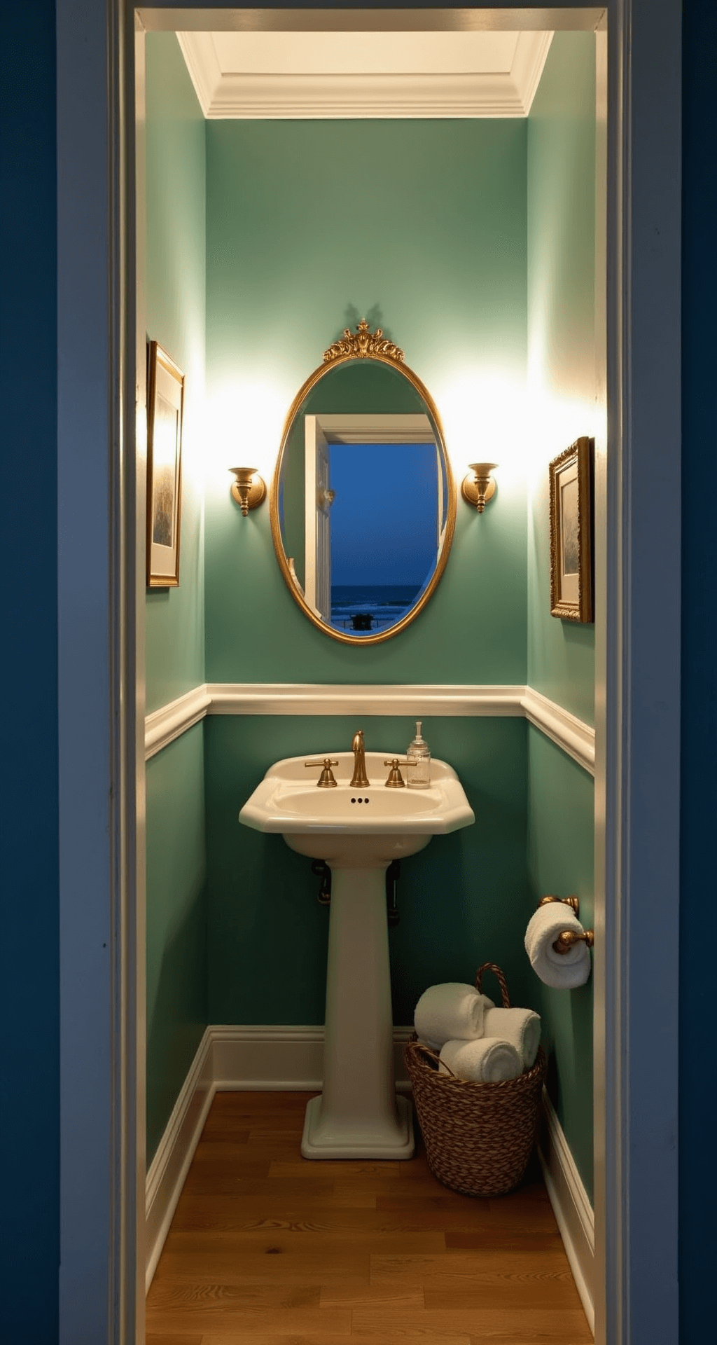 Intimate powder room with sea glass green walls and dim lighting, featuring a white pedestal sink, vintage brass mirror, and sconces, complemented by grasscloth wallpaper and coastal photography, creating a moody atmosphere.