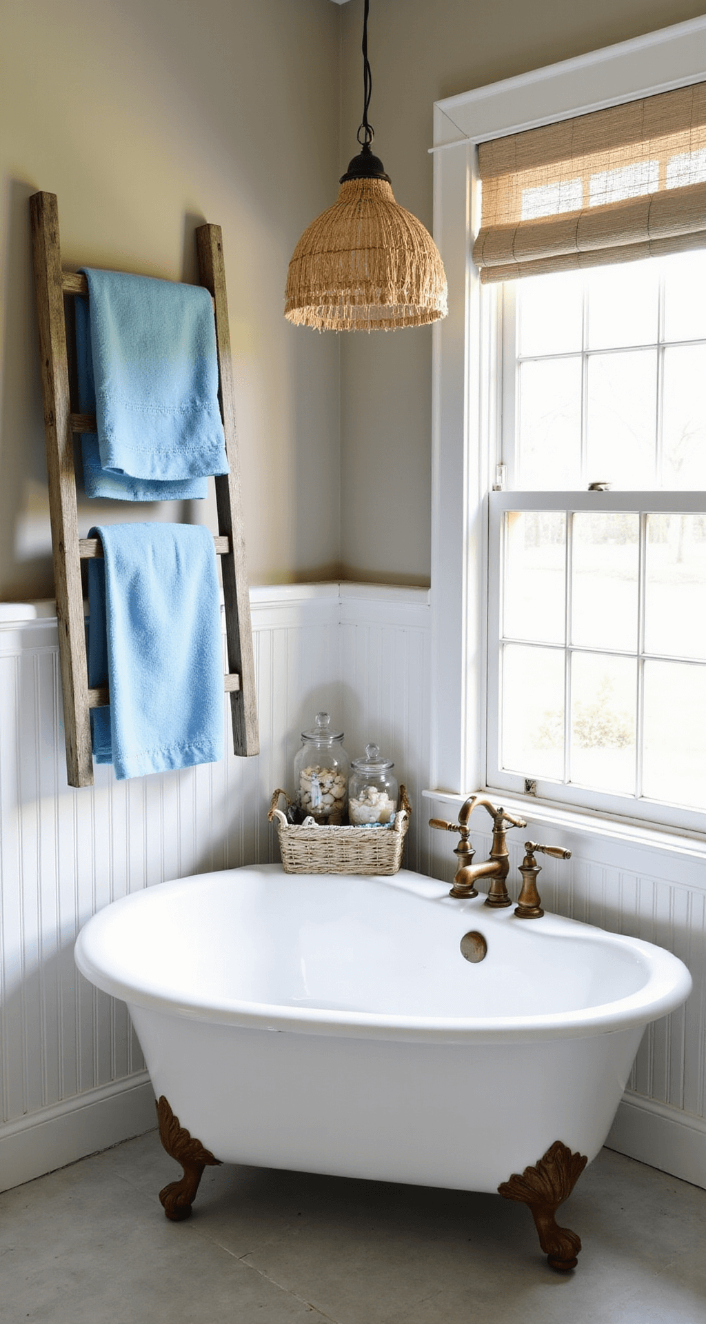 Bright, sunlit bathroom featuring a clawfoot tub with oil-rubbed bronze fixtures beneath a window, surrounded by greige walls and white beadboard wainscoting, with a seagrass pendant light, distressed ladder holding blue Turkish towels, and vintage apothecary jars filled with shells and sea glass, all creating a fresh coastal atmosphere.
