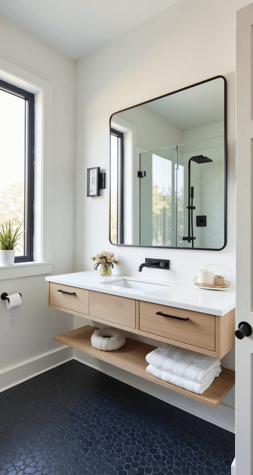 Modern bathroom featuring warm white walls and a deep navy penny tile floor, with a floating bleached oak vanity, frameless mirror, glass shower enclosure, mixed metal accents, and minimalist coastal art.