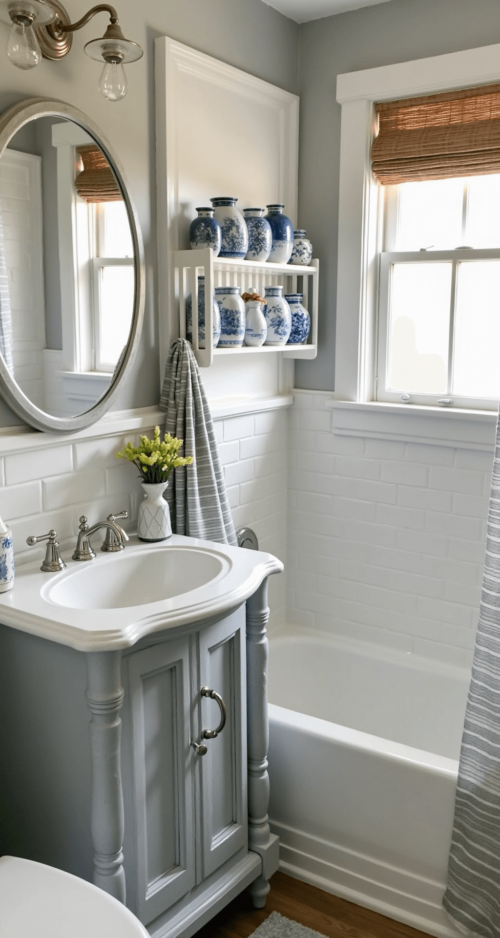 Cozy bathroom at sunrise featuring soft gray walls, vintage console sink, oval mirror, white subway tile shower, blue and white pottery, and a striped linen shower curtain, enveloped in serene pink morning light.