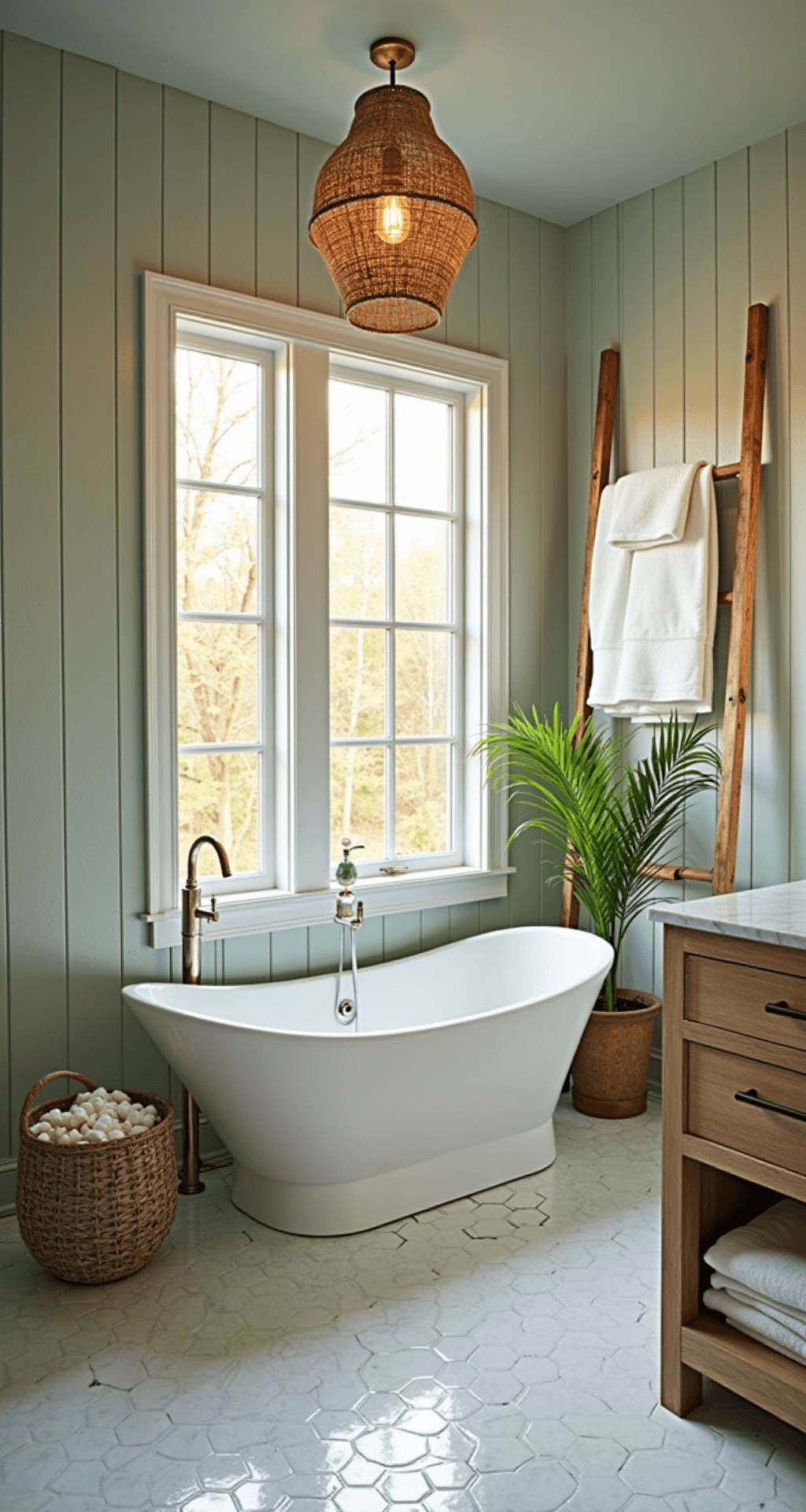 Sun-drenched master bathroom featuring a freestanding matte white oval tub, shiplap accent wall, seafoam green walls, and white marble hexagon floor tiles, captured at golden hour with warm shadows from a natural fiber pendant light. Decorated with layered white linen towels, a weathered teak vanity with honed marble, and seaside-themed decor.