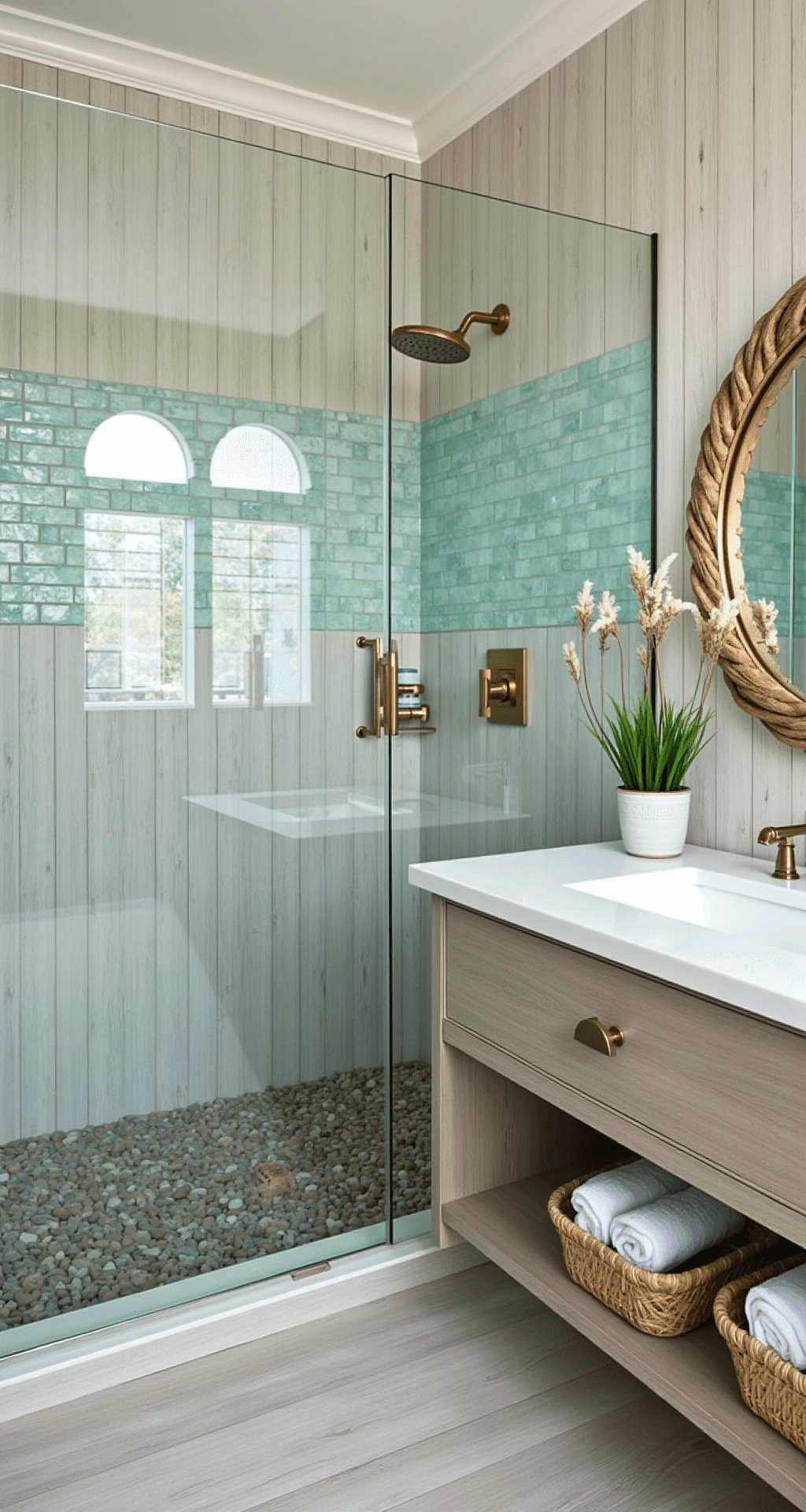Corner shower enclosure with frameless glass doors, featuring a pebbled floor and whitewashed oak planks, adorned with aqua-toned sea glass tiles, a brass rainfall showerhead, woven seagrass baskets with rolled towels, and a driftwood mirror above a greige floating vanity, all bathed in soft natural light.