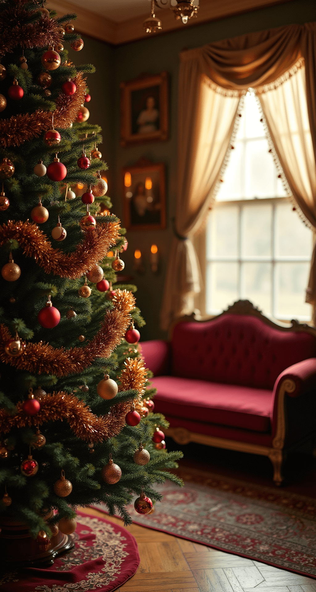 A warm, golden-hour scene of a Victorian parlor featuring an 8ft Christmas tree adorned with ruby red and burnished gold glass ornaments, vintage tinsel garland, and clip-on candles. The room boasts original architectural details, a velvet settee, gilt frames, parquet floors, and oriental rugs, all illuminated by soft, warm light filtering through lace curtains. The image is captured at eye level with a tilt-shift lens for selective focus.