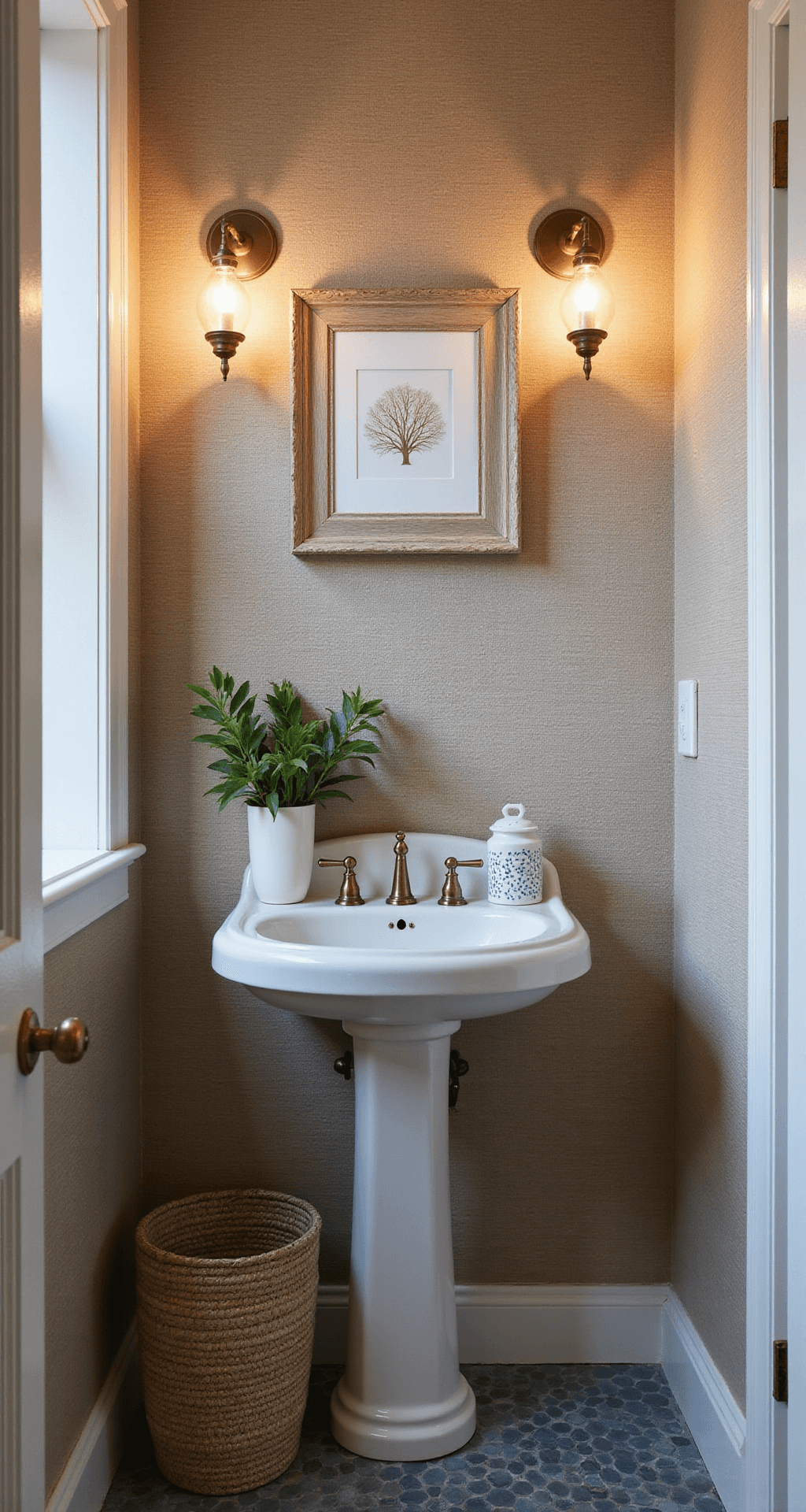 Intimate powder room at dusk featuring sandy beige grasscloth wallpaper, vintage brass sconces, bleached coral art above a white pedestal sink, blue-grey penny tile floor, woven waste basket, and hand-painted ceramic accessories for a coastal aesthetic.