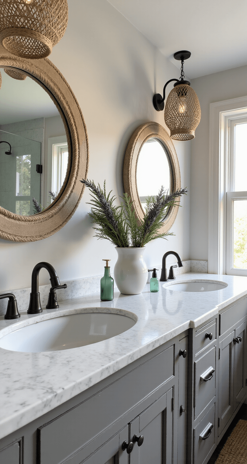 Master bathroom vanity vignette featuring double sinks in weathered gray with a marble countertop, oversized round mirrors with rope detail, white ceramic vessels with dried palm fronds and sea lavender, vintage glass bottles in sea glass shades, and woven pendant lights casting shadows, all illuminated by morning light.