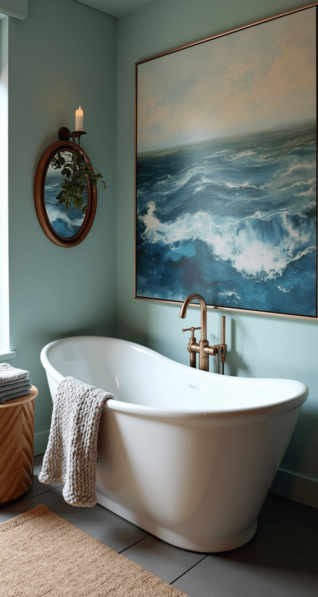 A serene freestanding soaking tub in a twilight alcove, featuring a brushed brass floor-mounted tub filler and pale blue-green walls, highlighted by oversized abstract ocean art. A chunky knit throw rests on a bamboo stool, while a eucalyptus bundle hangs from an exposed copper pipe. Candlelight glimmers in an antique mirror, and the low camera angle accentuates the sculptural elegance of the tub.