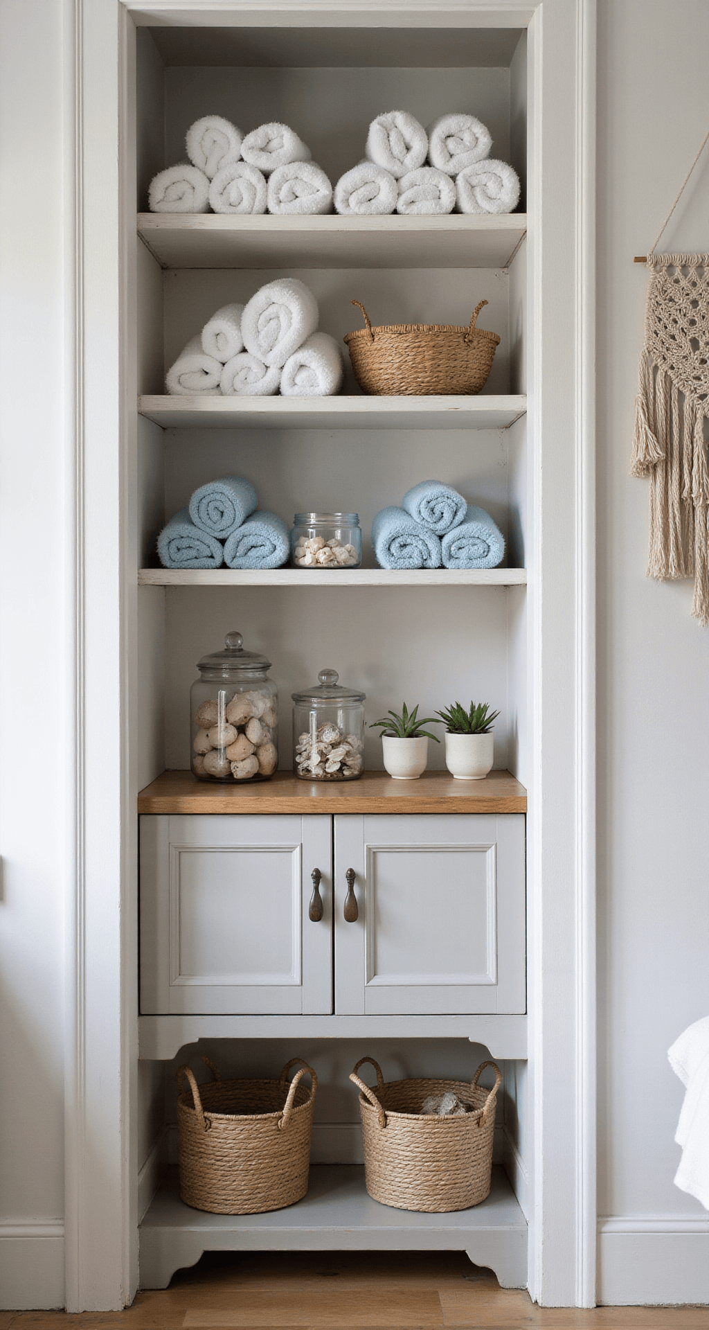 Spa storage corner bathed in soft afternoon light, featuring whitewashed open shelving with neatly rolled towels in white and sea blues, driftwood gray lower cabinets with woven baskets, glass apothecary jars filled with shells and sea sponges, small potted succulents, and a macramé wall hanging, captured tightly at f/2.8 for a dreamy depth of field.