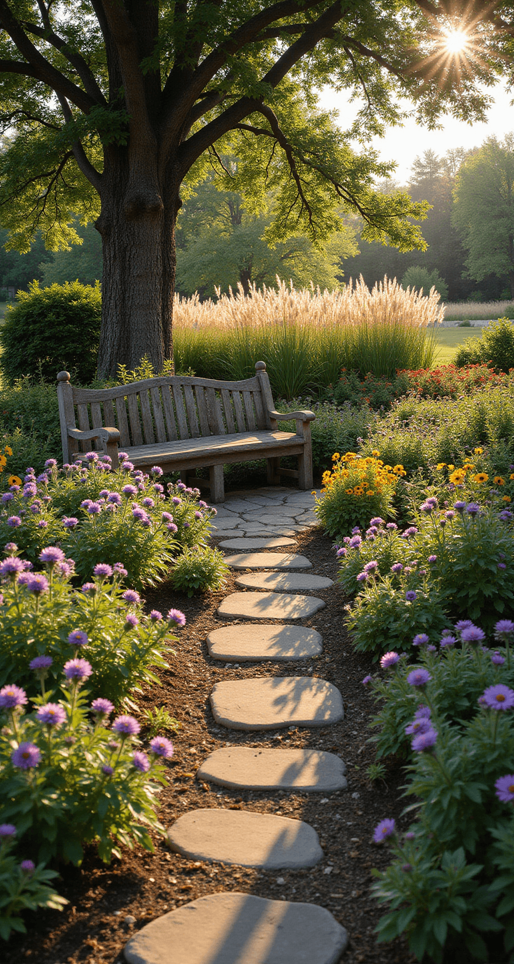 Serene native garden at golden hour with curved flower beds of purple coneflowers and black-eyed susans, a mature oak casting dappled sunlight, and a weathered wooden bench among layered vegetation, captured from a low angle.