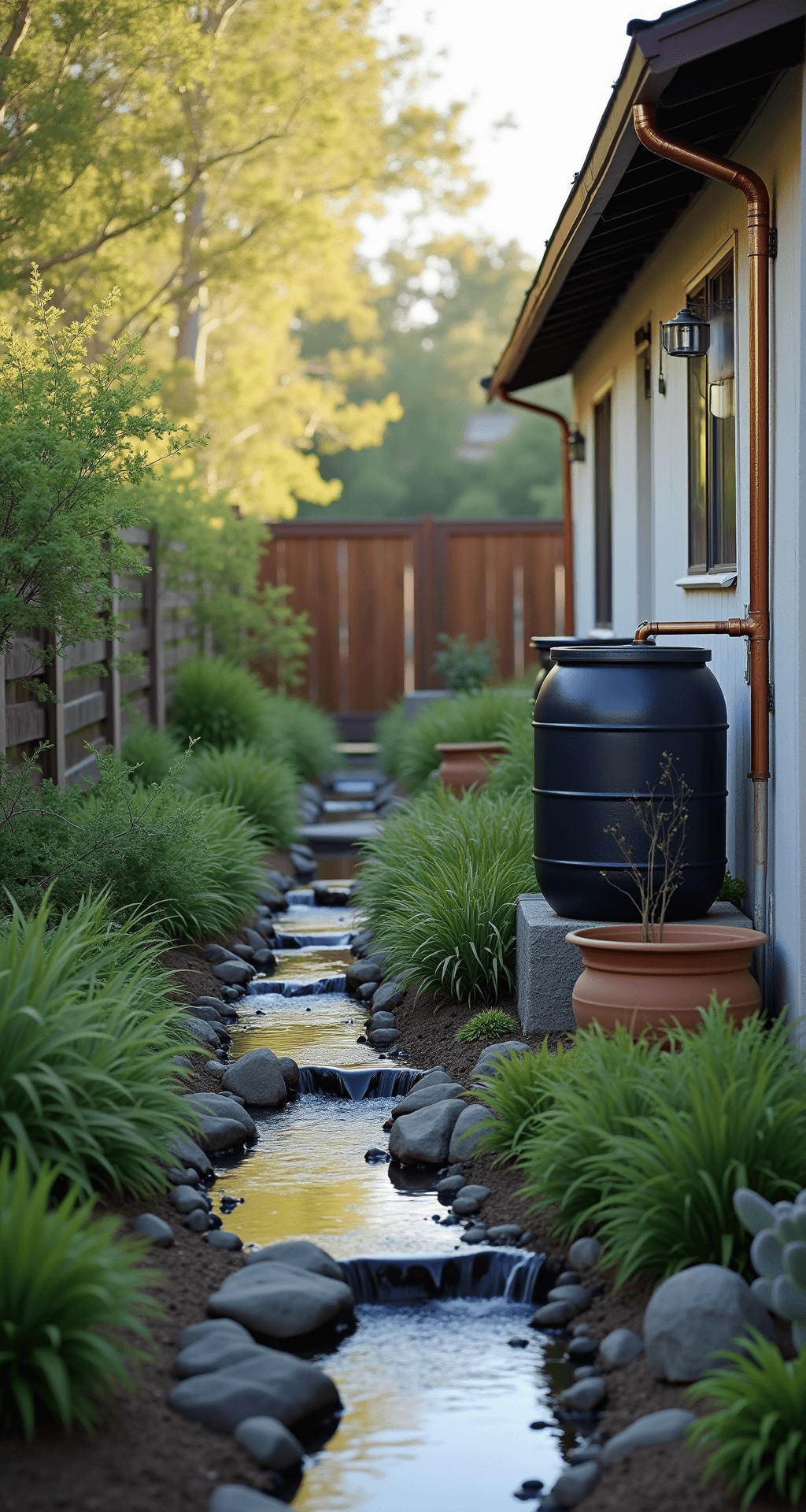 A contemporary charcoal rain barrel system integrated with copper downspouts at a craftsman-style home, surrounded by an 8x12ft rain garden with moisture-loving ferns and sedges. Smooth river rocks line a drainage swale leading to a dry creek bed, with diffused natural lighting highlighting water droplets on the foliage. Desert-adapted succulents in terra cotta containers add architectural interest to the scene.