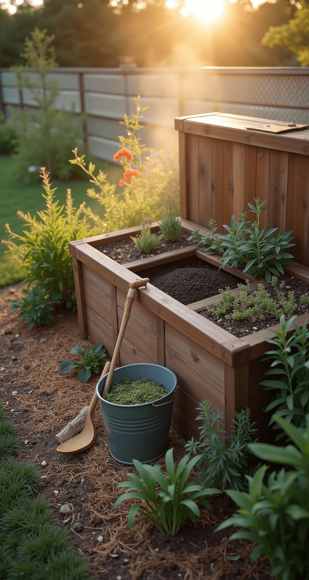 Stylized composting area at sunrise featuring a three-bin cedar compost system with copper hardware, organized green and brown materials, rich dark compost in the final bin, surrounded by pine straw mulch with herbs and native flowers, a vintage galvanized bucket, and bamboo tools, all in an earthy color palette with sage green accents.