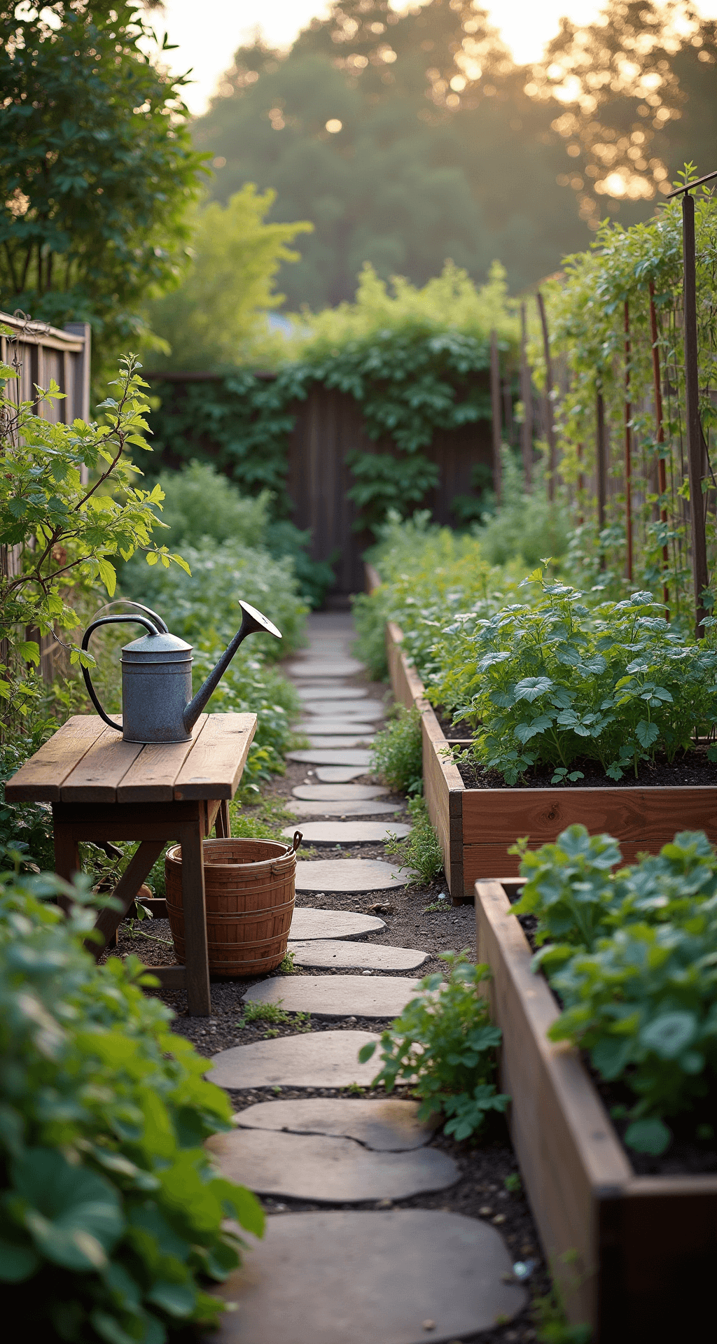 A terraced vegetable garden with raised cedar beds, espaliered fruit trees, climbing tomatoes on copper trellises, and rainbow Swiss chard borders, featuring stone pathways lined with culinary herbs. A vintage watering can and harvesting basket adorn a rustic potting bench, all bathed in warm late afternoon light that highlights the vibrant colors of the ripening produce.