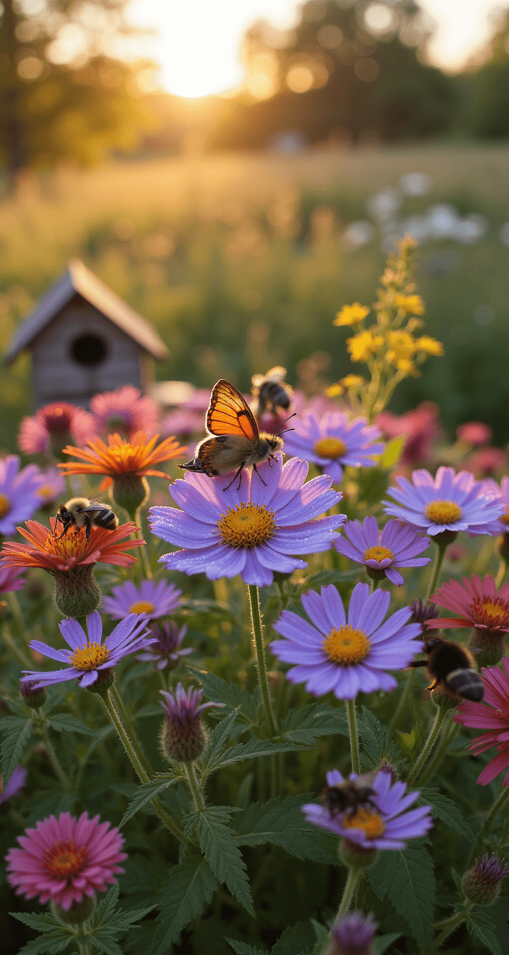 Close-up of a vibrant pollinator garden filled with native wildflowers, featuring butterflies and bees amidst purple blazing star, orange butterfly weed, and pink bee balm, all backlit by morning sun. Dewdrops sparkle on flowers with a soft bokeh effect, and a natural wood insect hotel is subtly visible in the background.
