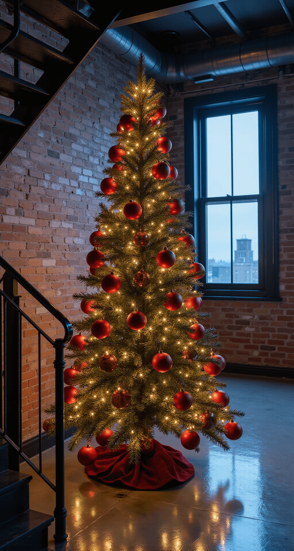 Contemporary loft with industrial elements at blue hour featuring a minimalist 9ft tree adorned with oversized matte red balls and geometric gold ornaments, set against polished concrete floors and exposed brick walls, viewed from an elevated steel staircase.