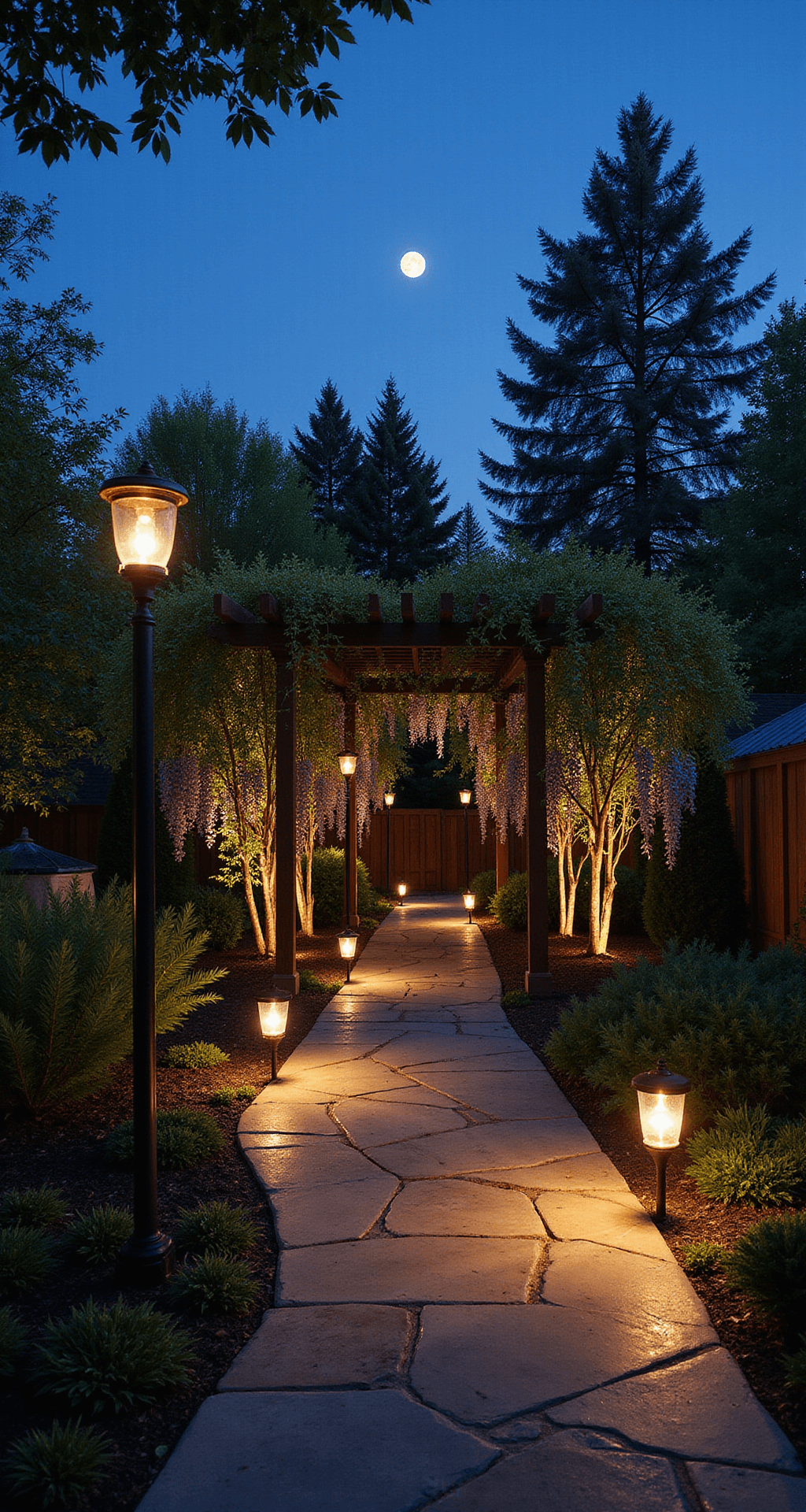Evening scene in a backyard illuminated by copper and glass solar fixtures, with LED path lights casting geometric patterns on a stone walkway. Moonlight filters through a pergola draped in wisteria, while warm uplighting on trees casts dramatic shadows. A solar-powered water feature adds soft background illumination, creating a mysterious atmosphere with cool blues and warm ambers.