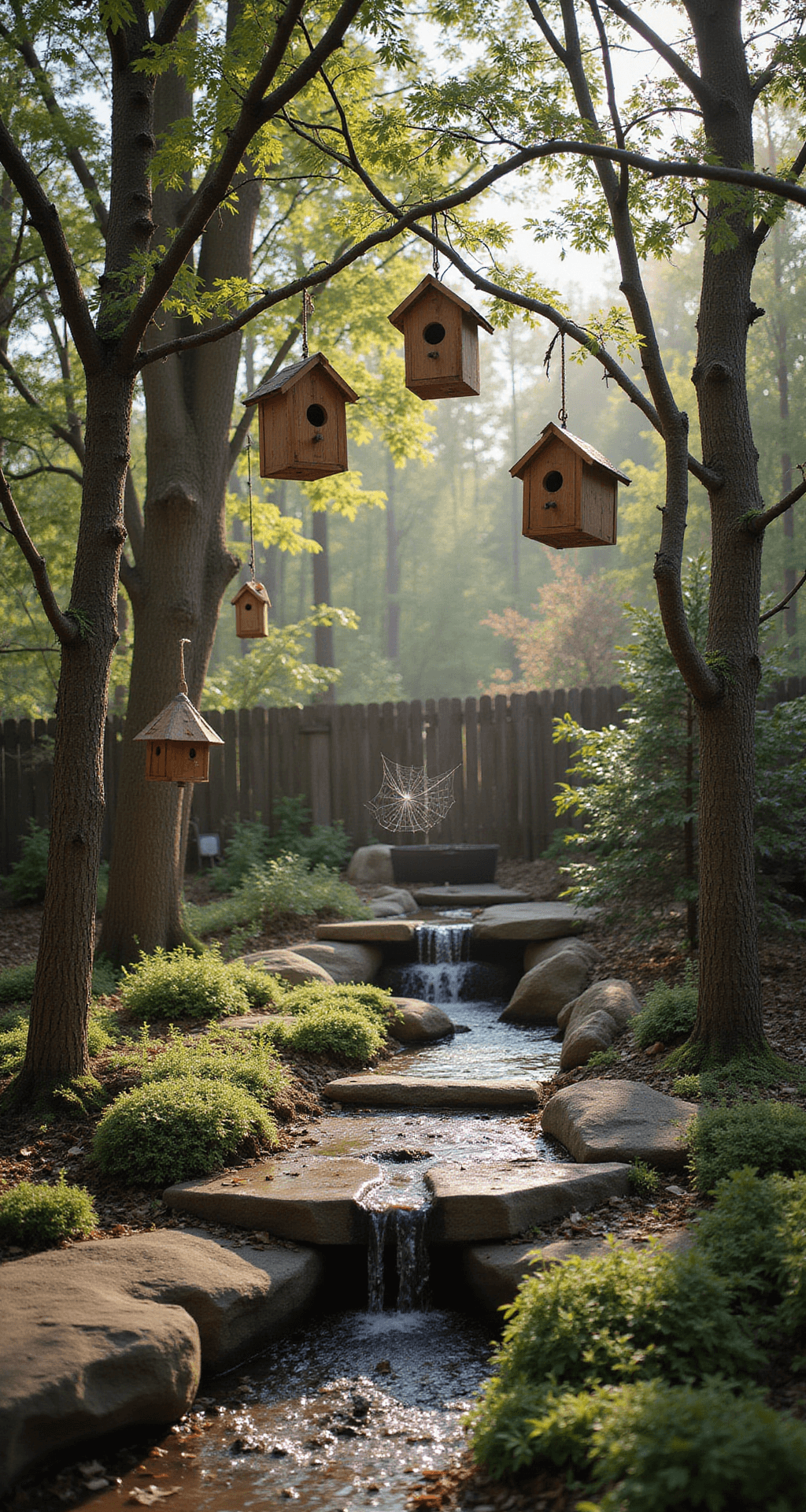 A vibrant backyard ecosystem with tiered plantings, custom cedar birdhouses, a natural stone water feature, and native berry shrubs, all bathed in soft morning light. Dew-covered spider webs glisten between branches, showcasing earth tones and seasonal color accents.