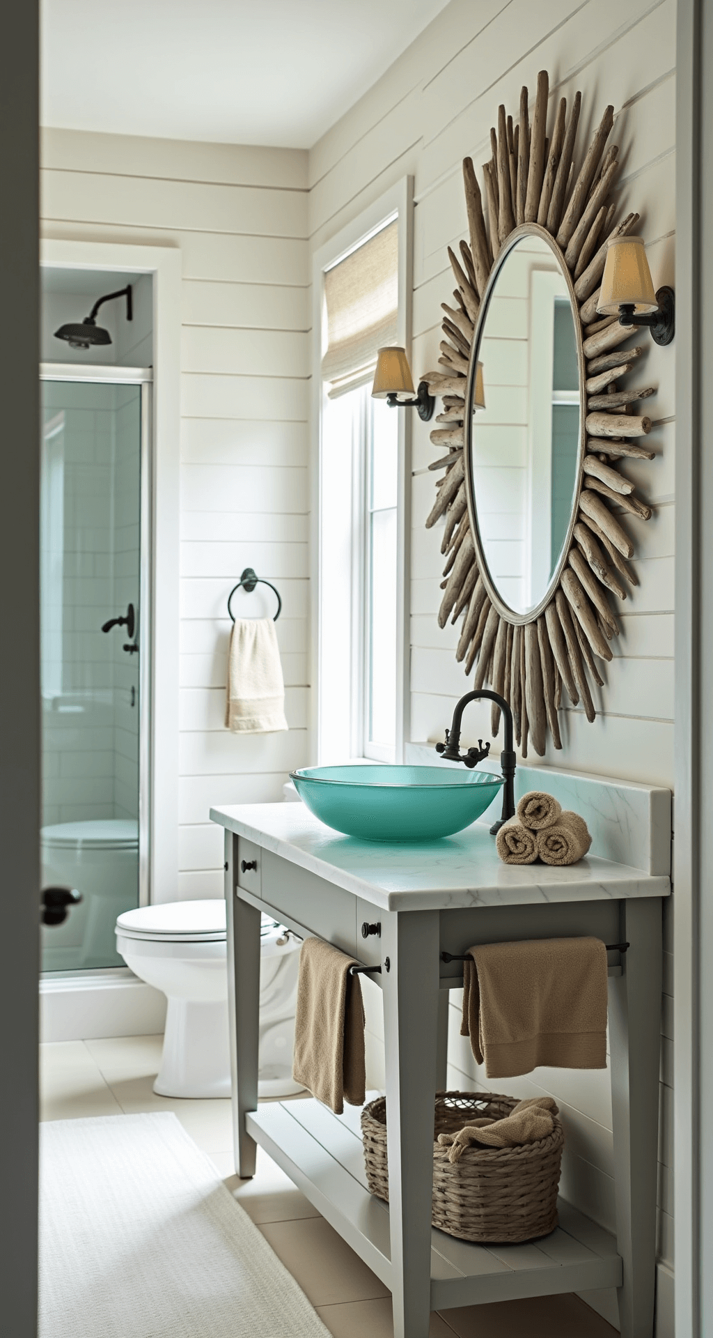 A bright coastal bathroom features whitewashed shiplap walls and an oversized sunburst mirror made of bleached driftwood, with natural light illuminating a marble countertop and aqua glass vessel sink. A white subway tile shower is visible, while sandy beige Turkish cotton towels hang from a driftwood towel bar, and a seagrass basket holds rolled washcloths.