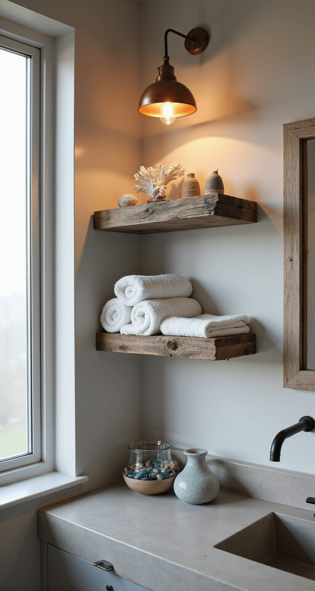 A corner view of a luxe spa bathroom at golden hour, featuring floating driftwood shelves with white coral, sea glass, and bamboo towels against pale gray walls, illuminated by a warm copper pendant light and a large frosted window. A concrete vanity with an integrated sink reflects soft ambient light, capturing modern coastal styling with organic touches.