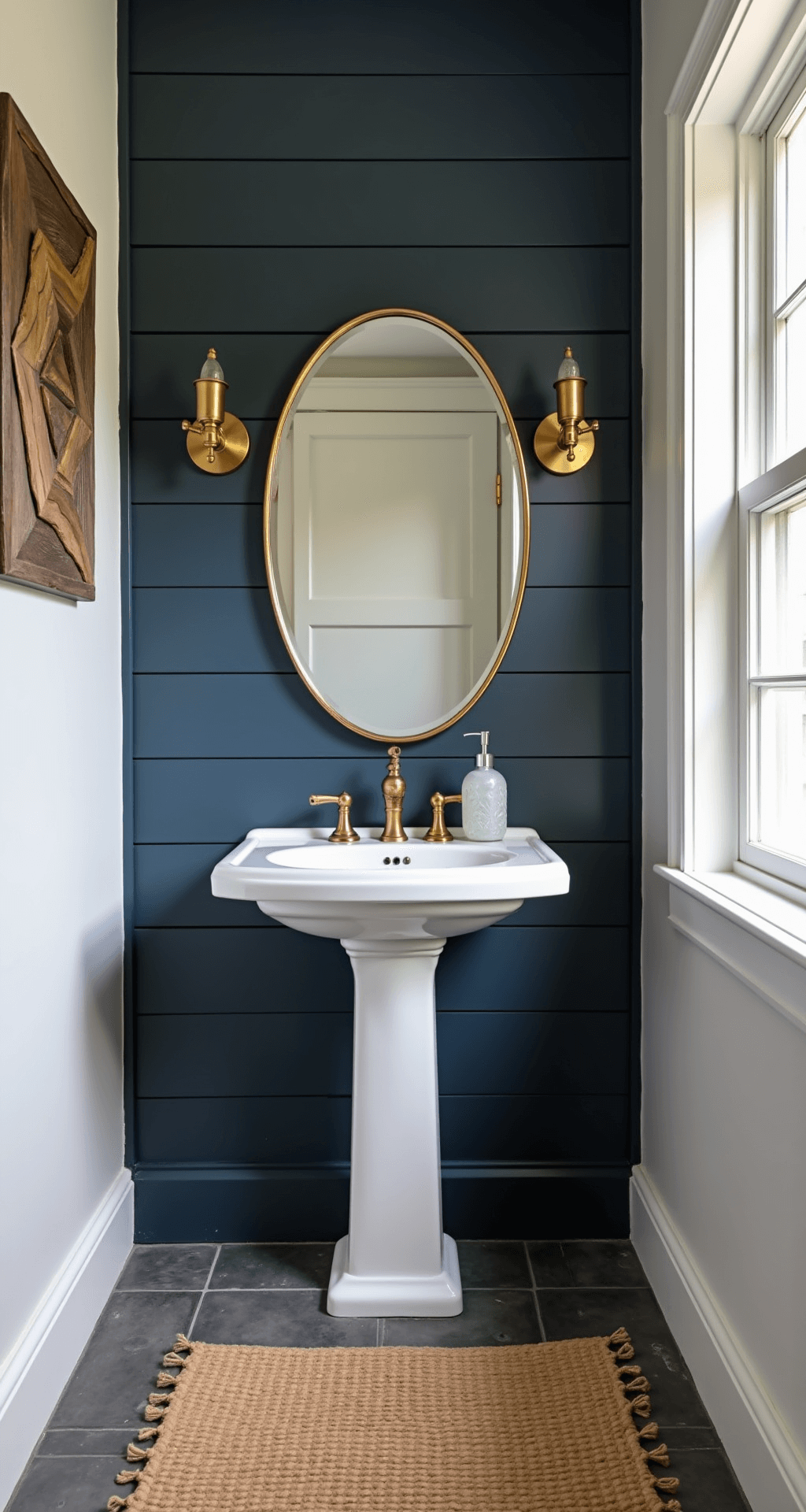 Intimate powder room featuring geometric driftwood art on navy shiplap, brass sconces, oval mirror with rope detail, white pedestal sink, and handwoven natural fiber mat, all illuminated by soft afternoon light.