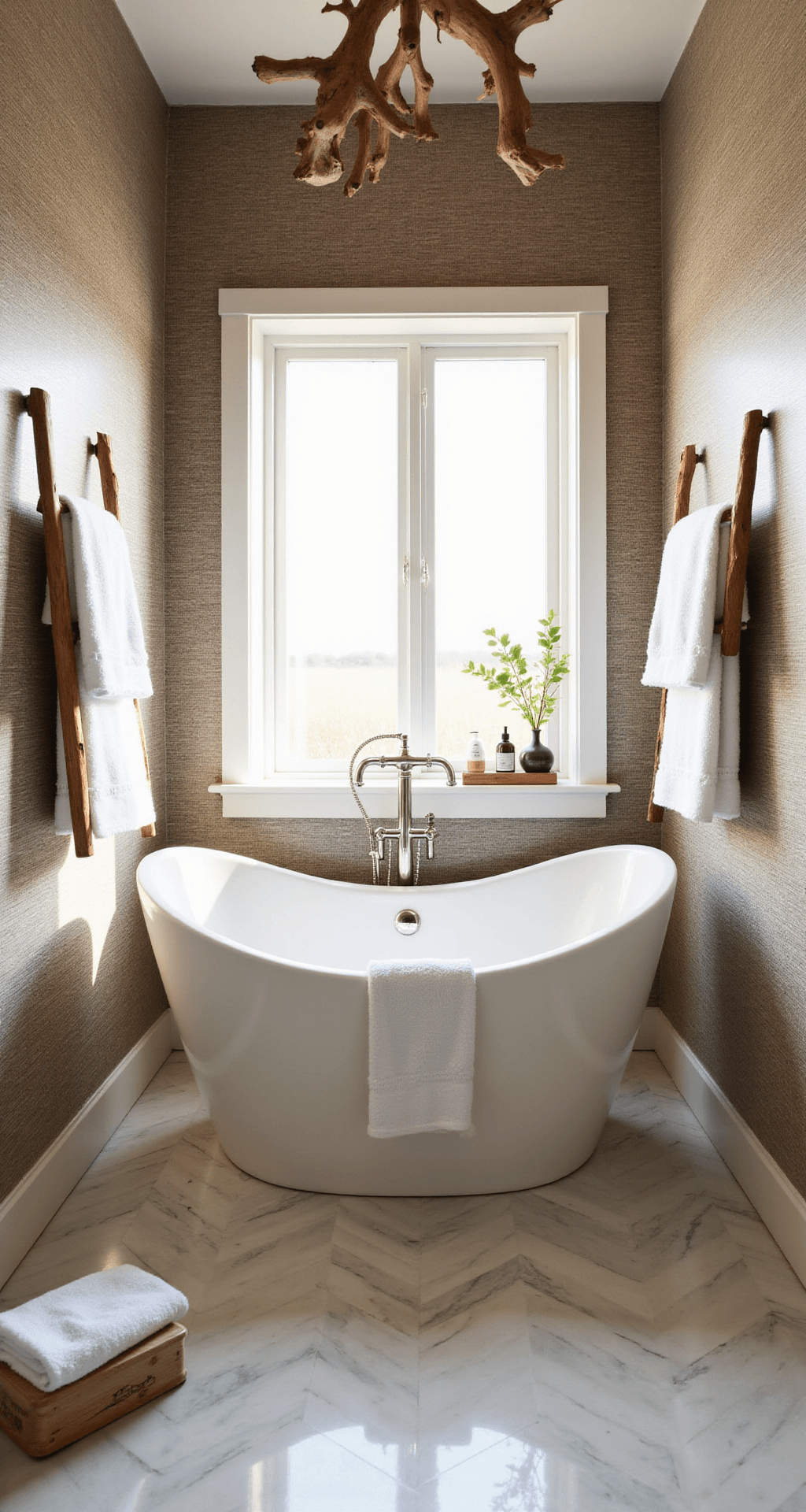A spacious master bath with a freestanding soaking tub centered under a window, illuminated by morning light that casts dramatic shadows on textured grasscloth wallpaper. A driftwood chandelier hangs above, while an asymmetrical driftwood ladder displays crisp white luxury spa towels. A teak bath caddy holds artisanal soaps, and a chevron marble floor leads the eye to the tub, captured from an elevated position to highlight the room's grandeur.