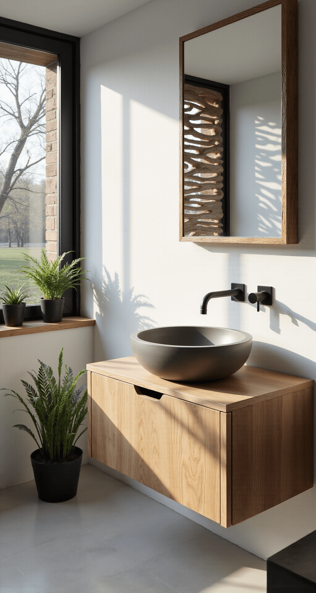 Modern minimal bathroom featuring a floor-to-ceiling window with a driftwood privacy screen, a floating bleached oak vanity with a concrete sink, and matte black fixtures on white walls, all illuminated by soft afternoon light that creates organic shadow patterns.
