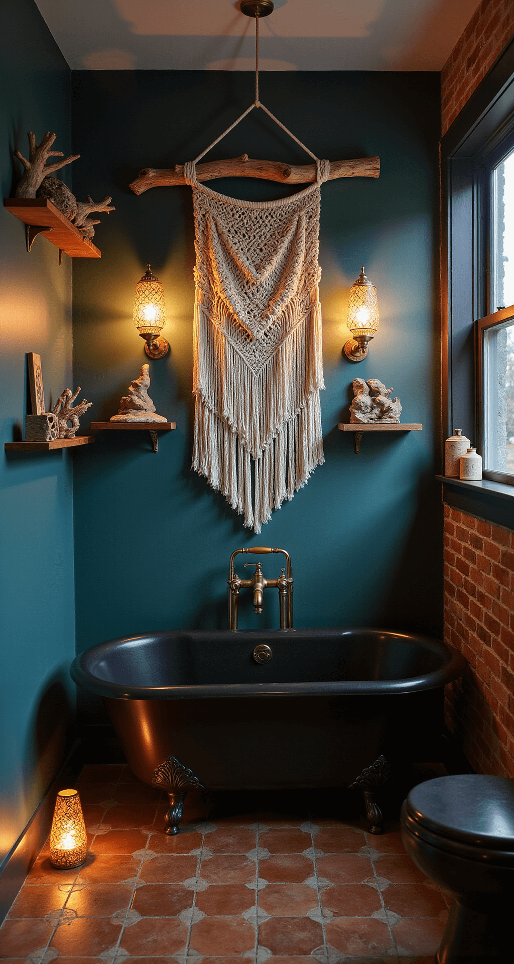 A cozy bohemian guest bath at twilight, featuring a matte black clawfoot tub, vintage brass fixtures, and Moroccan lanterns casting patterned light on terra cotta tiles, with driftwood decor on floating copper shelves and a deep teal accent wall.