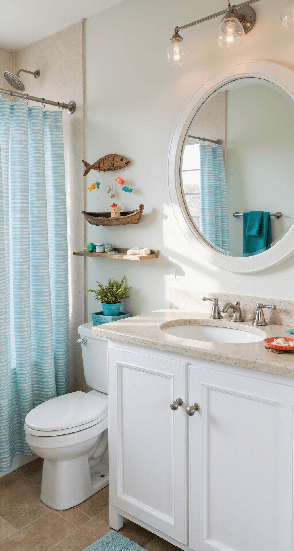 A whimsical children's bathroom featuring a white double vanity beneath a driftwood fish mobile, with bubble-glass pendant lights and a maritime stripe shower curtain framing a pebble tile tub/shower combo. Colorful beach finds and bath toys adorn a driftwood boat shelf, complemented by aqua and coral accents against a neutral backdrop. The perspective is from a child's eye level, highlighting the playful and bright atmosphere.