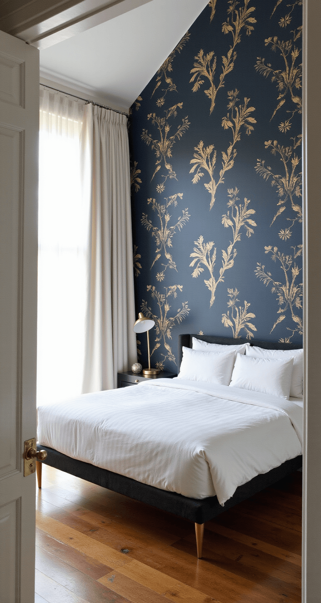 A sunlit master bedroom featuring a navy and gold botanical wallpaper accent wall, modern platform bed with white linens, and brass accents, all captured from the door frame with soft natural lighting.