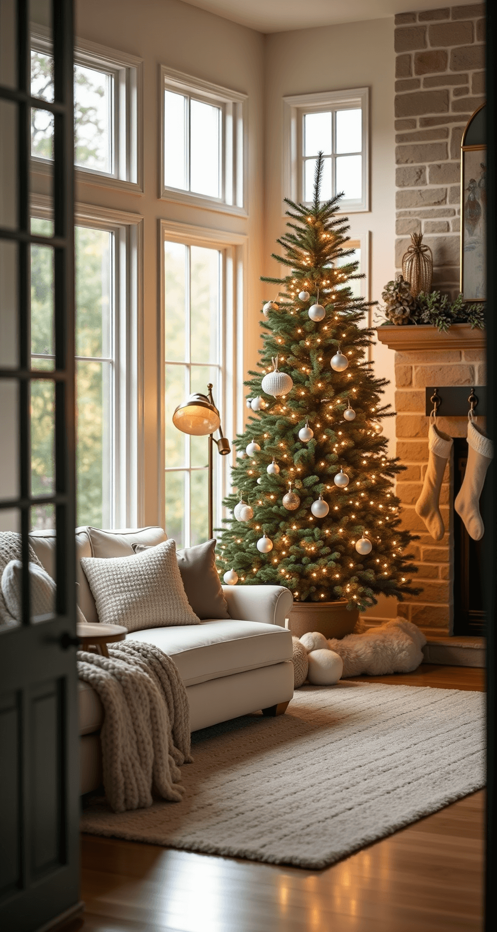 A cozy 14x16ft living room during golden hour, featuring a plush cream sectional with chunky knit throws, a beautifully decorated 6ft fraser fir tree with warm white lights, a brass floor lamp, layered rugs, and a stone fireplace adorned with stockings and eucalyptus garland.