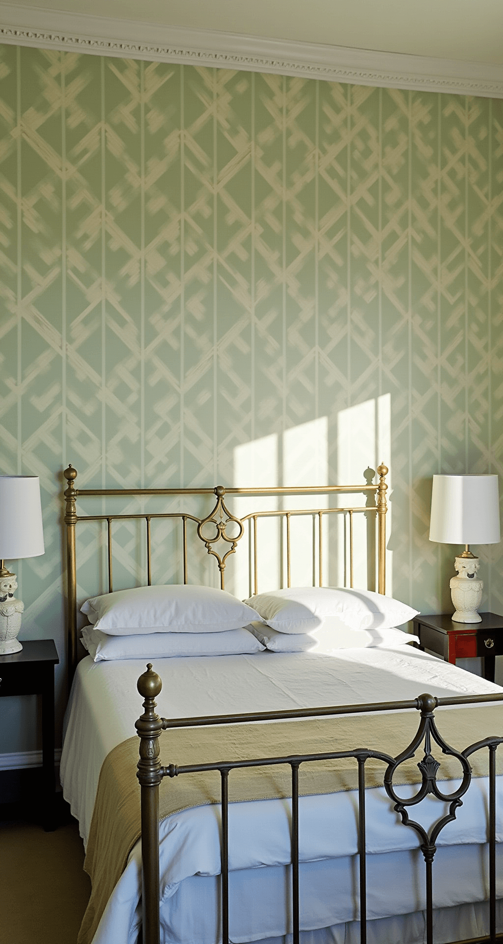 Cozy guest bedroom featuring a hand-stenciled sage green and cream feature wall, vintage brass bed with layered linen bedding, antique side tables with ceramic lamps, and geometric afternoon light casting shadows, captured from a low corner angle.