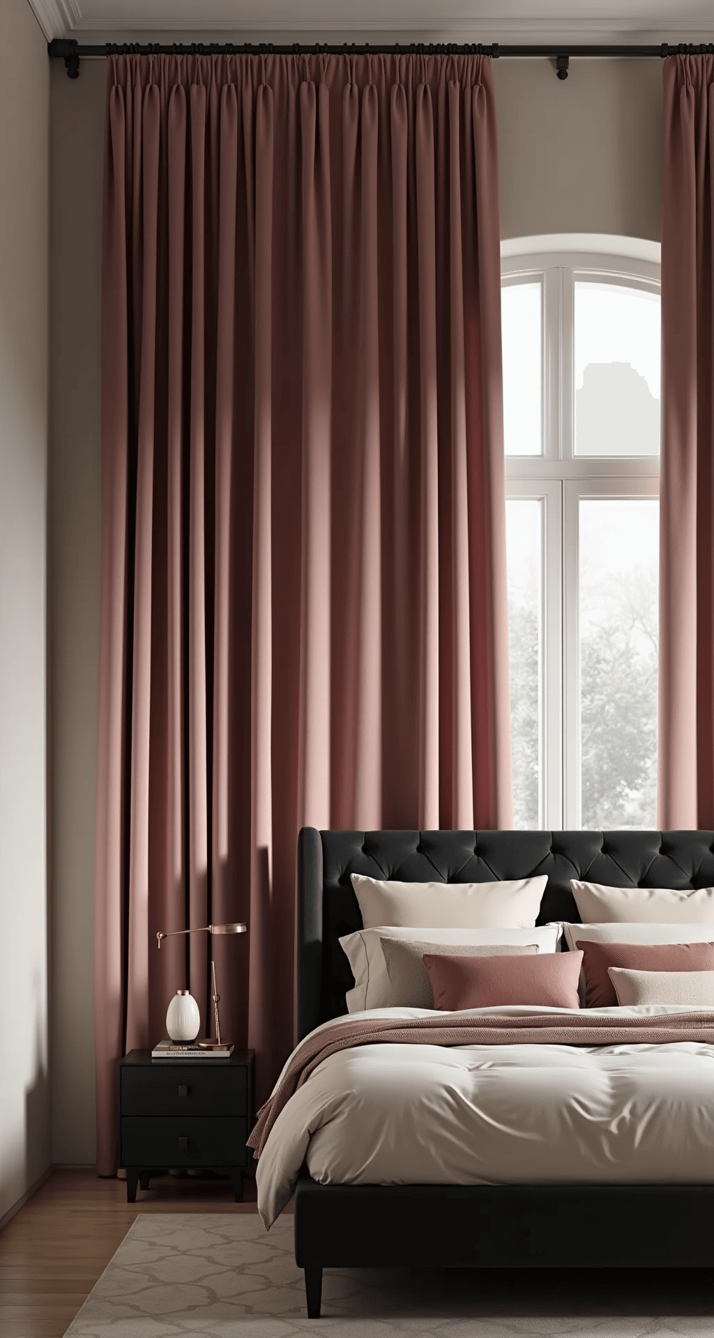 A modern primary bedroom featuring floor-to-ceiling dusty rose silk fabric panels, a charcoal velvet king bed with ivory bedding and metallic accent pillows, and soft uplighting creating dramatic shadows and highlighting fabric textures.