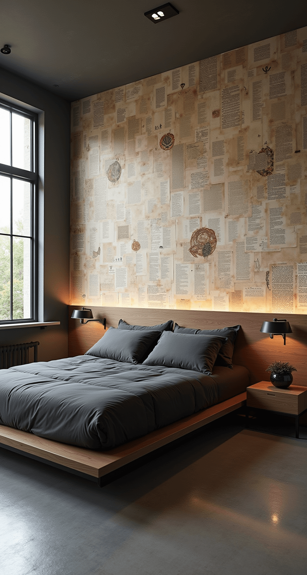 A contemporary bedroom featuring a mixed material wall treatment of painted geometric shapes and book page collage, illuminated by late morning light from industrial windows. The platform bed has charcoal linens and copper accents, captured from an eye-level perspective with wide angle lens to showcase the full wall composition, enhanced by subtle LED strips behind the headboard.