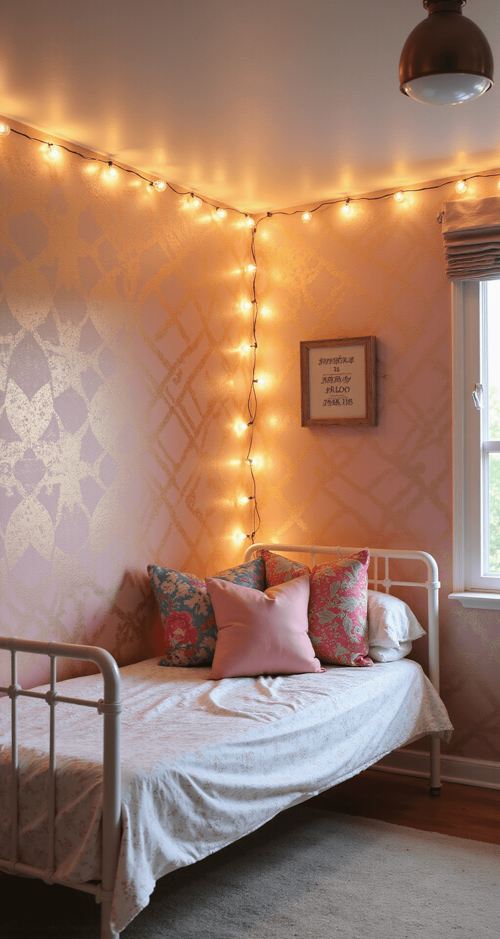 A whimsical teen bedroom featuring metallic wrapping paper panels in blush and gold geometric patterns, illuminated by string lights, with a white metal daybed adorned with colorful textiles; captured from a slightly elevated corner angle, showcasing the full pattern and dreamy bokeh effects.