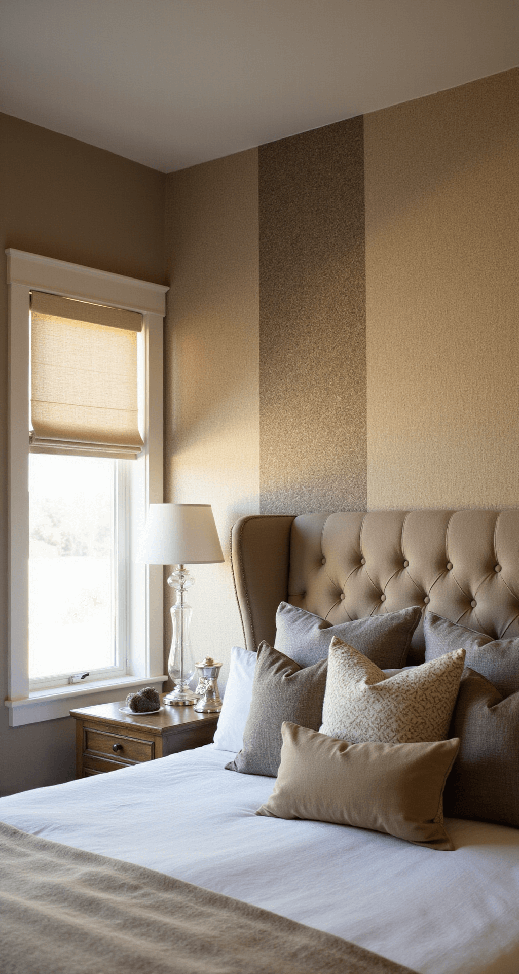 A luxurious master suite featuring layered wall treatments of grasscloth wallpaper and painted stencil overlay in warm greige tones, with soft golden hour light filtering through roman shades, an upholstered wing bed adorned with luxe bedding, and a focus on the wall height and texture interplay from a low camera angle.