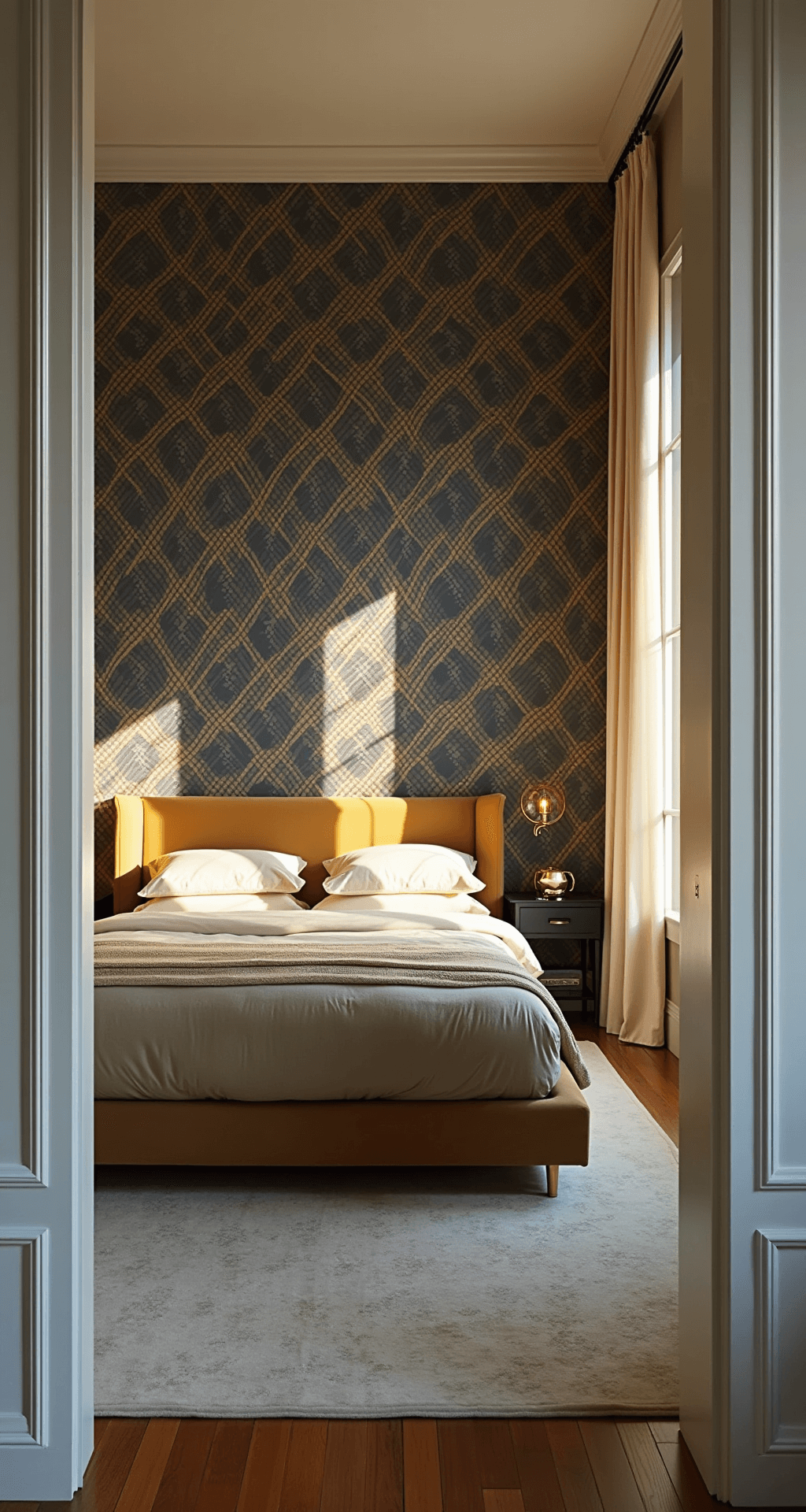 Wallpaper vs. Paint: The Ultimate Bedroom Makeover Guide Spacious master bedroom with golden hour sunlight illuminating a king-sized bed against a navy and gold Art Deco wallpaper wall, flanked by brass sconces, and softened by cream-painted walls and layered textures.