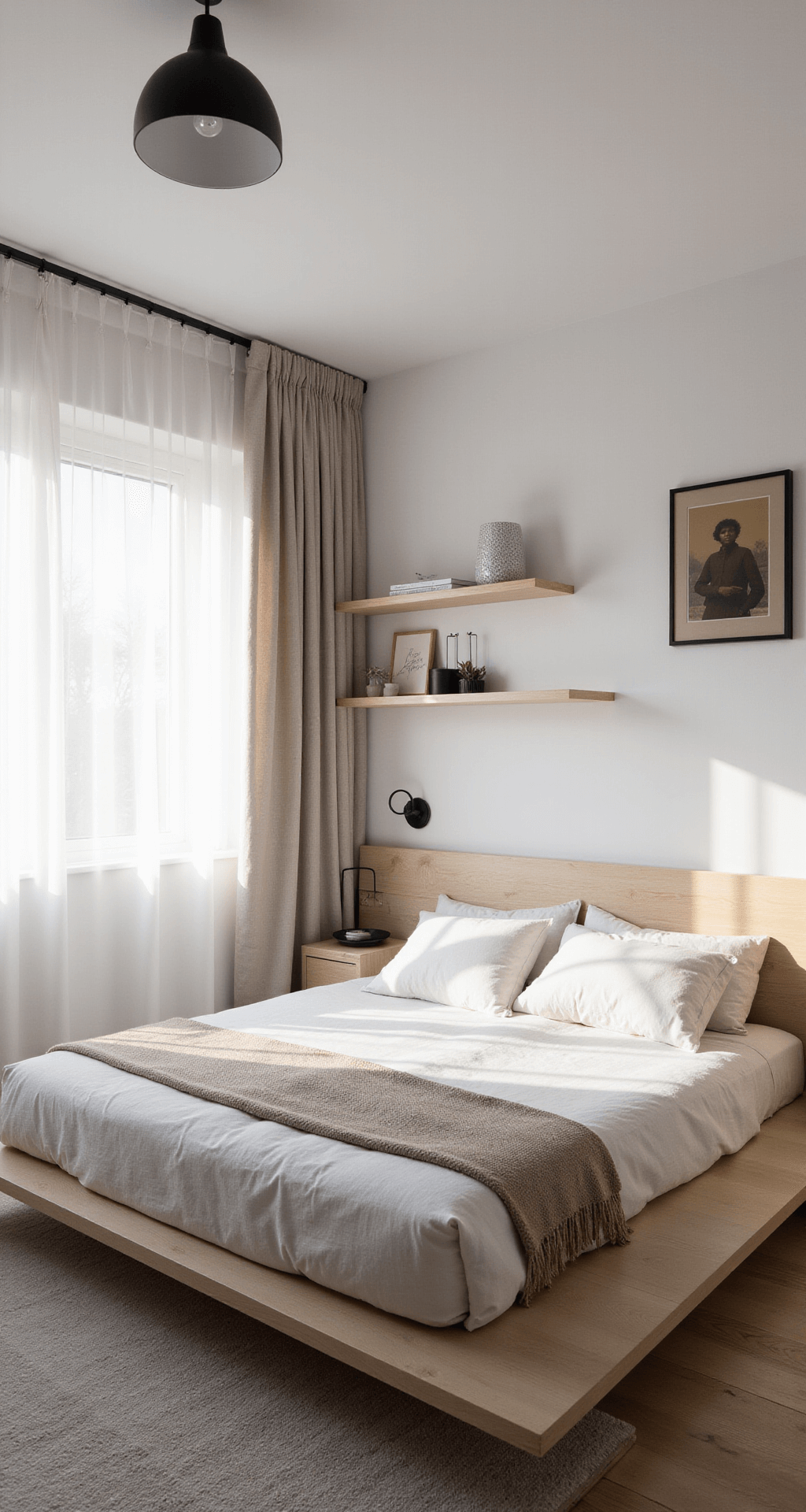 Wallpaper vs. Paint: The Ultimate Bedroom Makeover Guide Modern minimalist bedroom with white walls, natural oak platform bed, and soft morning light filtering through sheer curtains, featuring geometric art and floating shelves.